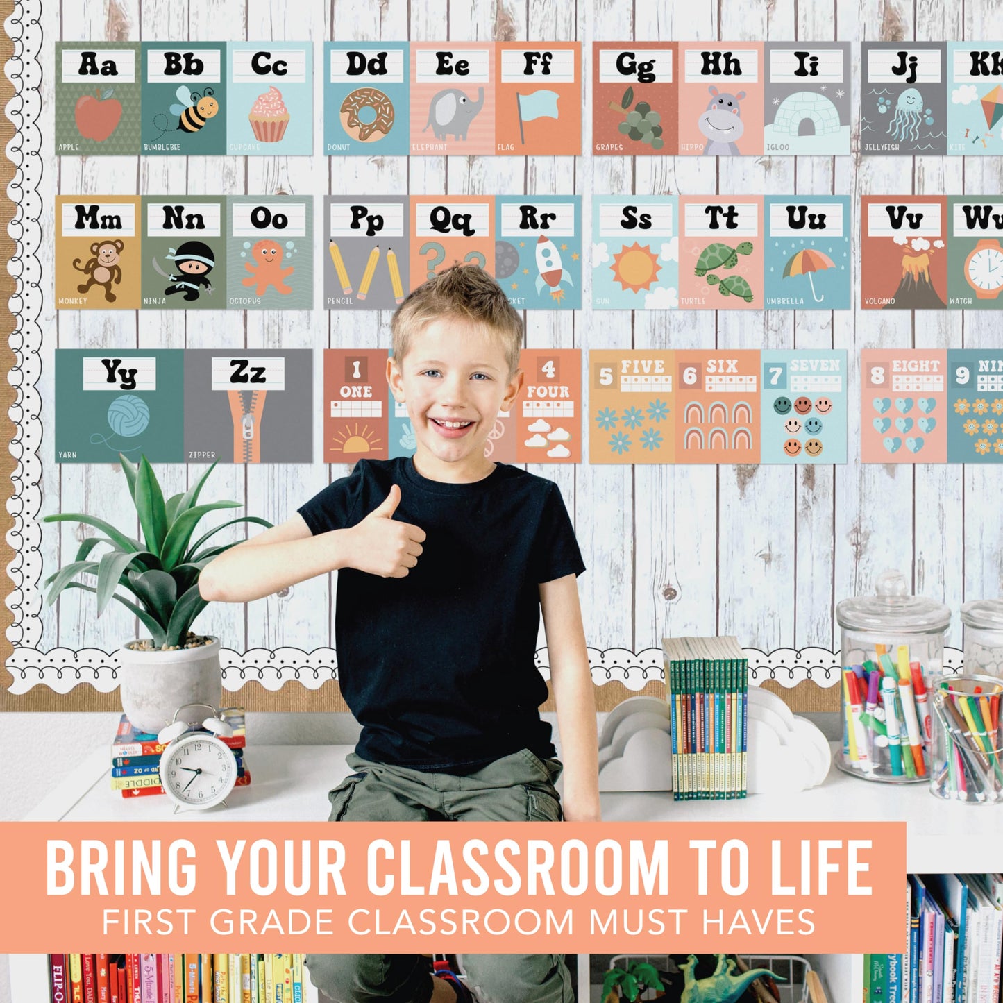 Hadley Designs Alphabet for Classroom Wall Decor - ABC Posters for Classroom Wall Chart Preschool & Kindergarten, ABC Letters & Number Line Elementary, Alphabet Cards, Retro Classroom Decor