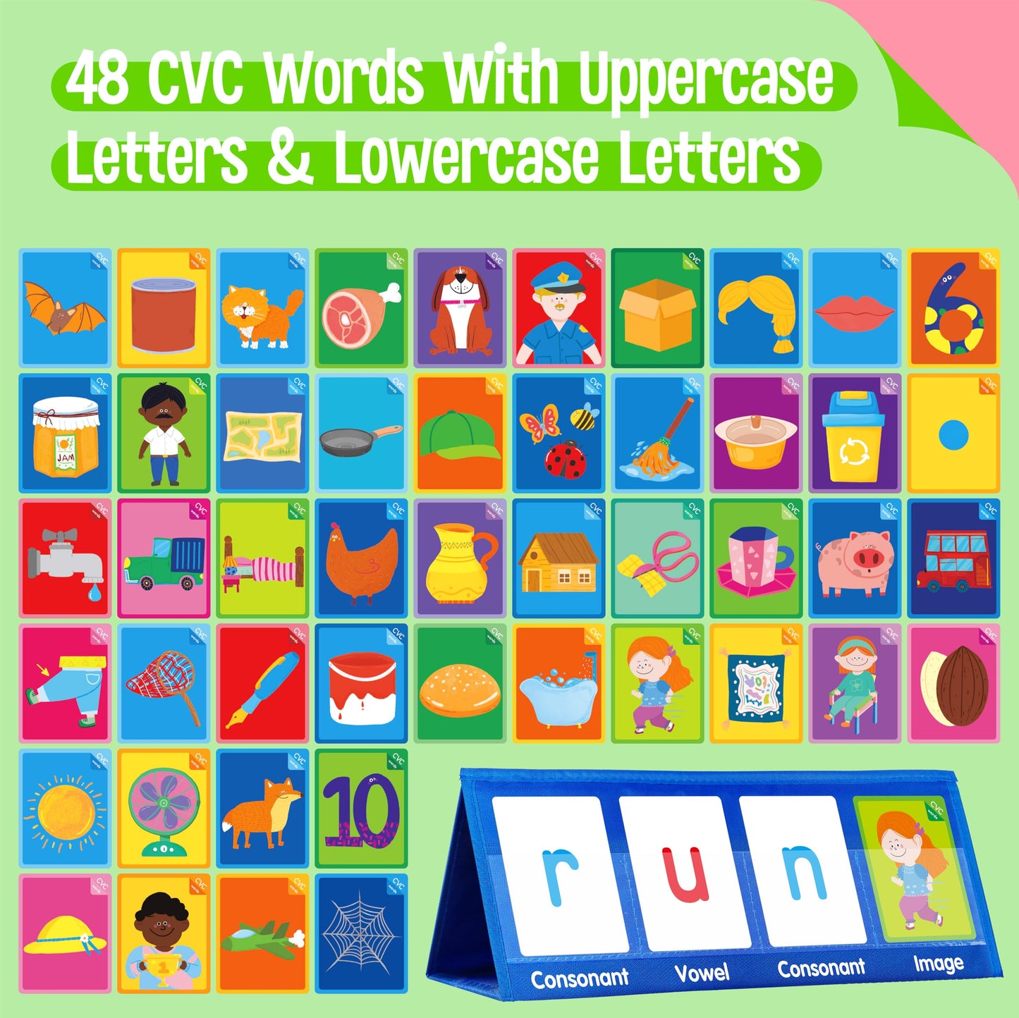 Word Building Desktop Pocket Chart, 48 CVC Words & 50 First Words, Double-Sided Tent Word Builder, Vocabulary Learning Flashcards Set for Kindergarten Reading and Spelling