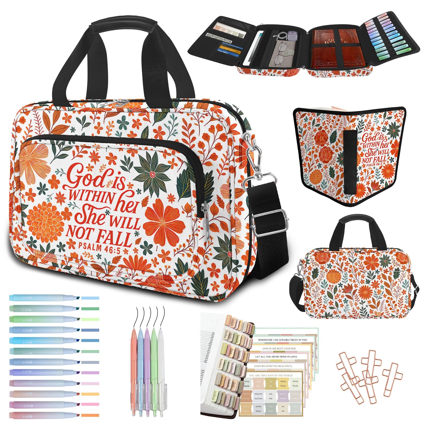 IBOVODI Autumn Flower Bible Cover Case for Women, Boho Cute Large Church Bible Bag Books Carrying Case with Shoulder Strap and Handle Zipper Pocket, Bible Study Supplies Journaling Kit Christian Gifts