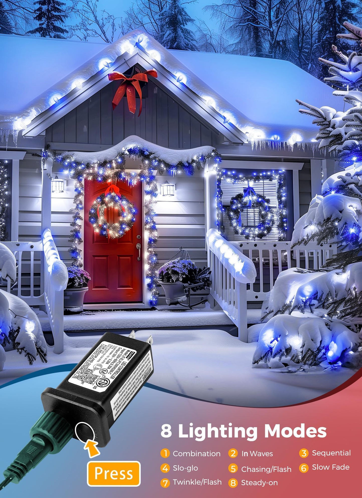 Minetom C9 LED Christmas String Lights - 82ft, 100 LEDs, Timer, 8 Modes, Plug-in, Blue and White