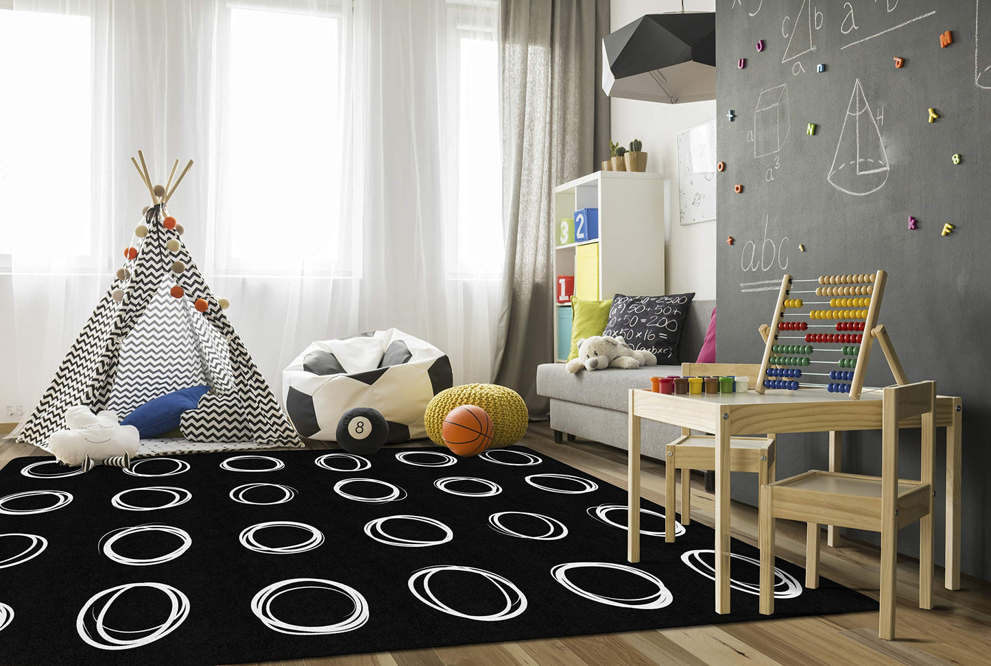 Flagship Carpets Circle Sampler Abstract Classroom Educational Area Rug for Kids and Teachers, Durable Quality for Schools, Preschool, Daycare, & Learning Centers, 7'6" x 12', Black