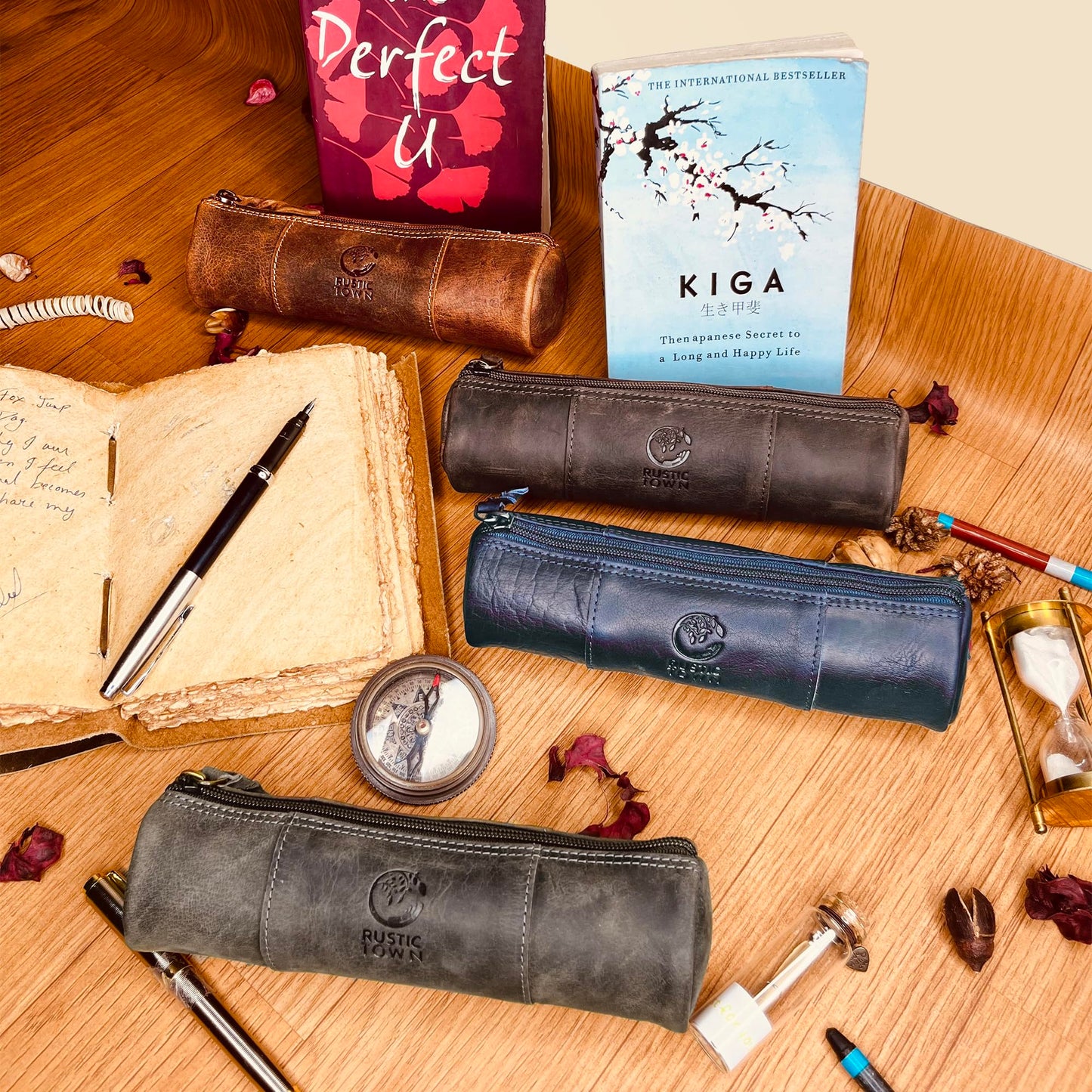 Rustic Town Leather Pencil Case - Full Grain Leather Zippered Pen Pouch - Stationery Bag Pen Holder for Work & Office, Brown, M, Pc200505flr-tan