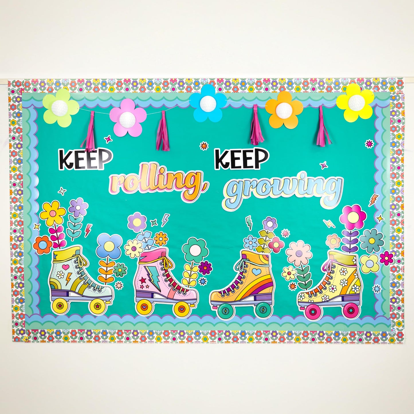 Happily Ever Elementary Retro Remix 103-Piece Motivational Bulletin Board Set, Roller Skates, Flowers, and More Groovy Bulletin Board Decorations for Classroom Decor
