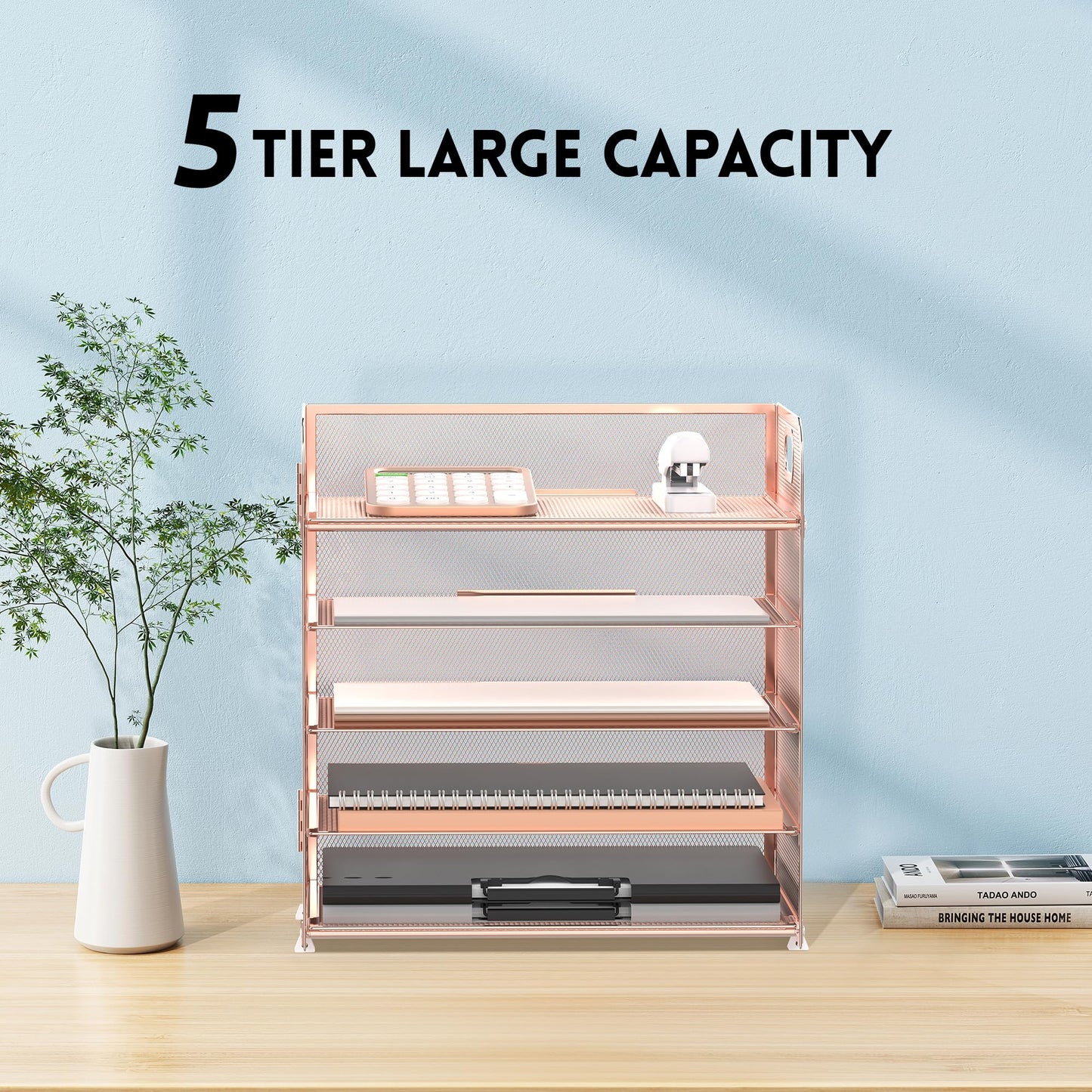 Supeasy 5 Trays Paper Organizer Letter Tray with Handle-Mesh Desk File Organizer, Paper Sorter Desk Organizer for Office, Home or School (Rose Gold)