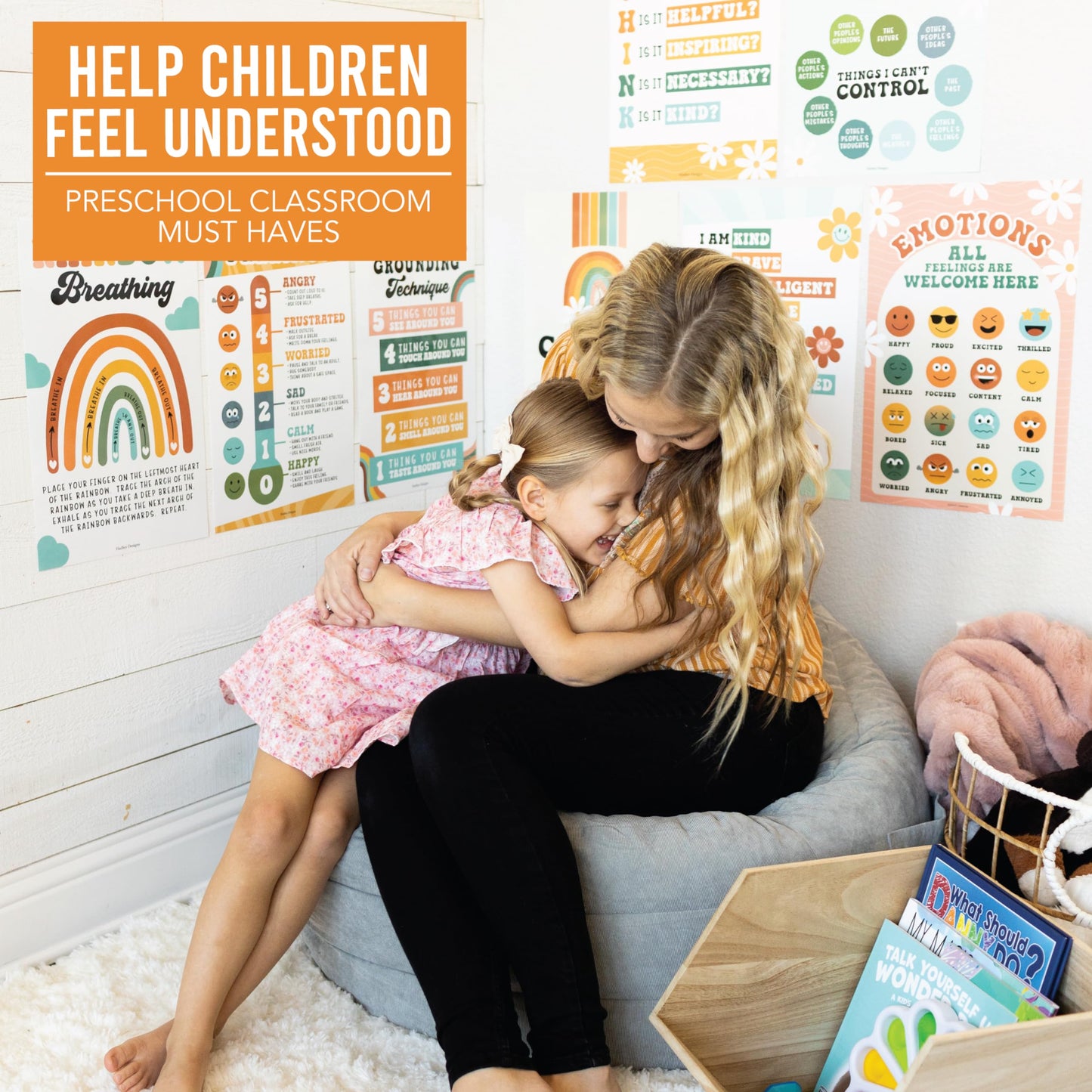 Hadley Designs 8 Calming Corner Posters for Classroom Must Haves - Calm Down Corner Supplies with Emotions Chart, School Counselor Mental Health Poster, Feelings Chart For Kids, Retro Classroom Decor