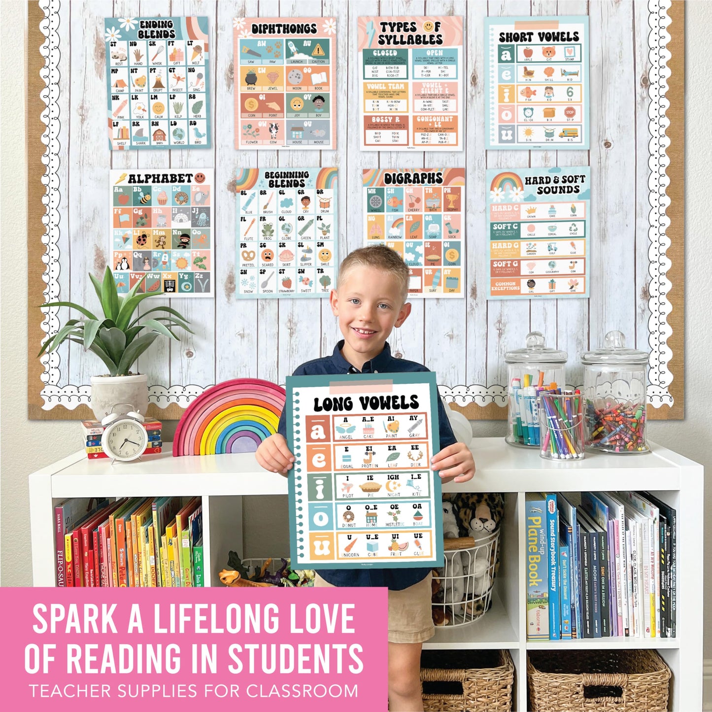 Hadley Designs Phonics Posters for Classroom Must Haves - 9 Sound Wall for Kindergarten & Elementary Teacher Supplies, Syllable, Vowels, Digraphs & Blends Bulletin Board Set, Retro Classrom Decor