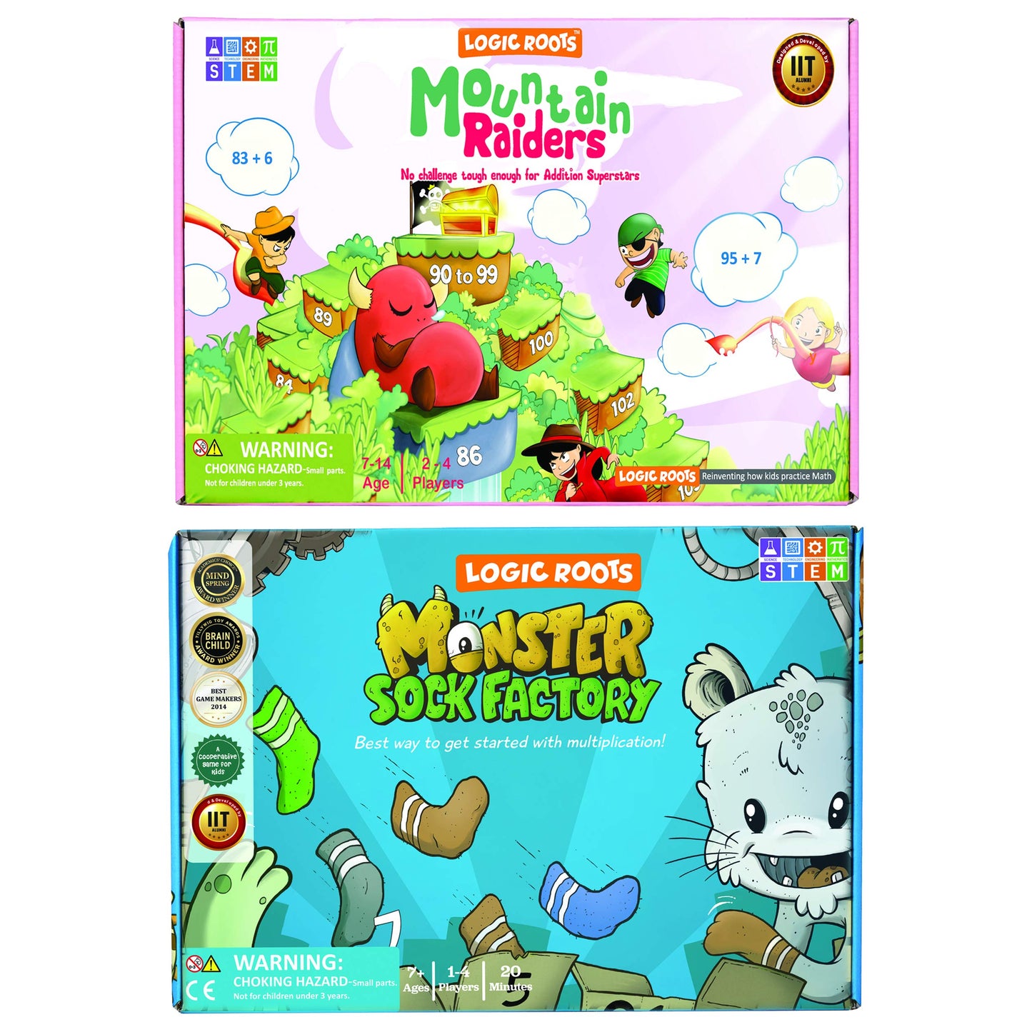 Logic Roots Two Math Games for Kids - Learn Addition, Subtraction, and Multiplication Table | Educational Games for Kids 5 and up for Kids (Monster Sock Factory + Moutain Raiders)