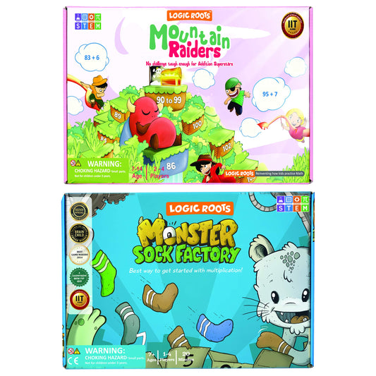 Logic Roots Two Math Games for Kids - Learn Addition, Subtraction, and Multiplication Table | Educational Games for Kids 5 and up for Kids (Monster Sock Factory + Moutain Raiders)
