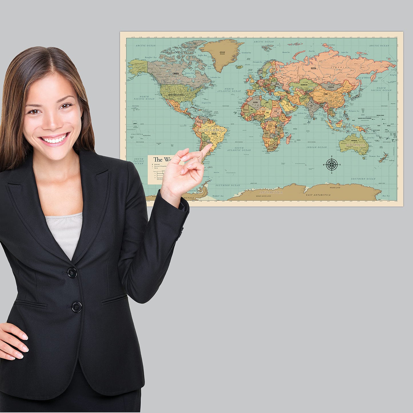 2 Pack - World Map Poster & USA Map Chart [Tan/Color] (LAMINATED, 18” x 29”)