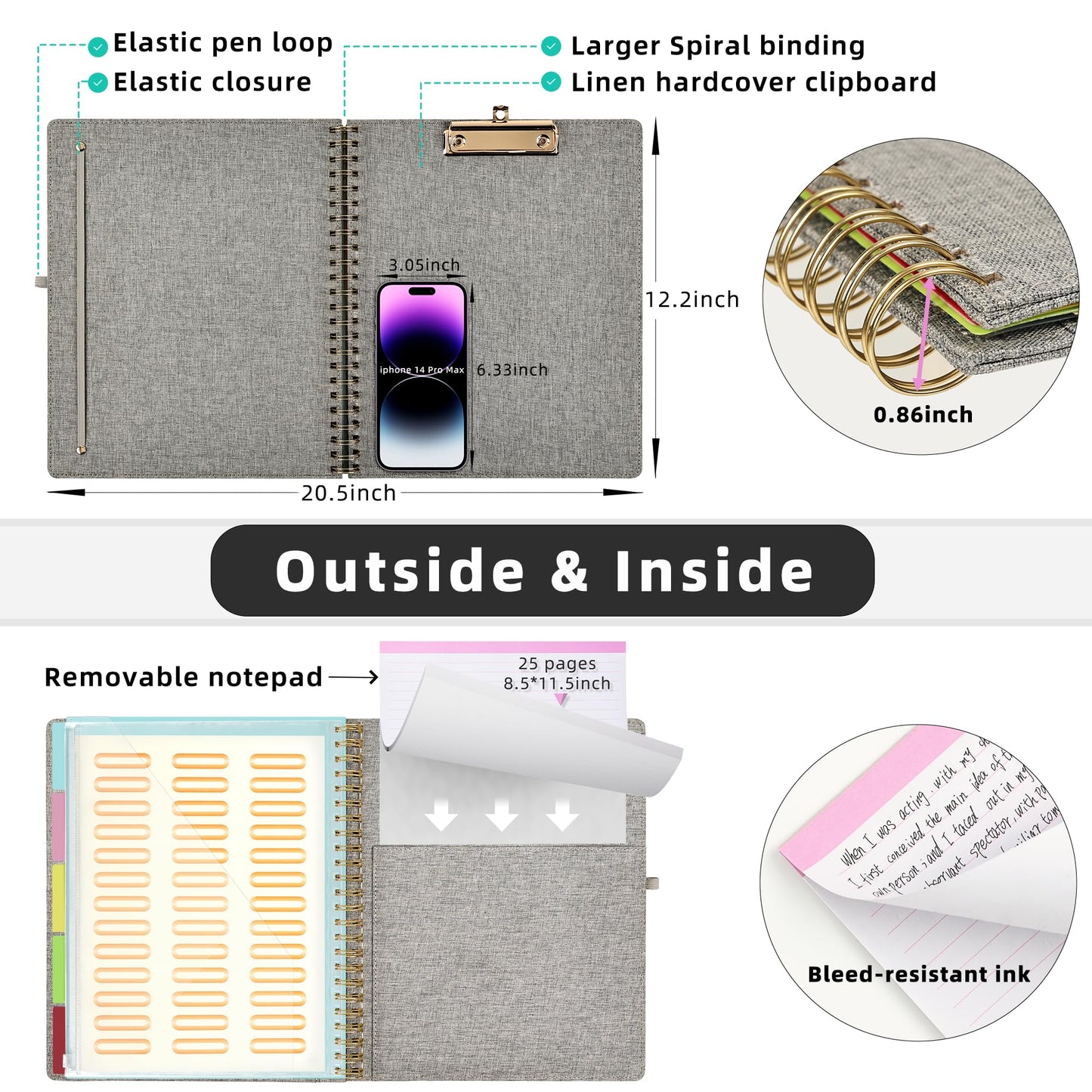 Ospelelf Foldable Spiral Clipboard Folio with Storage Zipper Pouch, 5 Plastic Folders with 10 Pockets,Refillable Lined Notepad (11" x 8.5"), Hardcover Project Organizer with 39 Stickers (Grey)