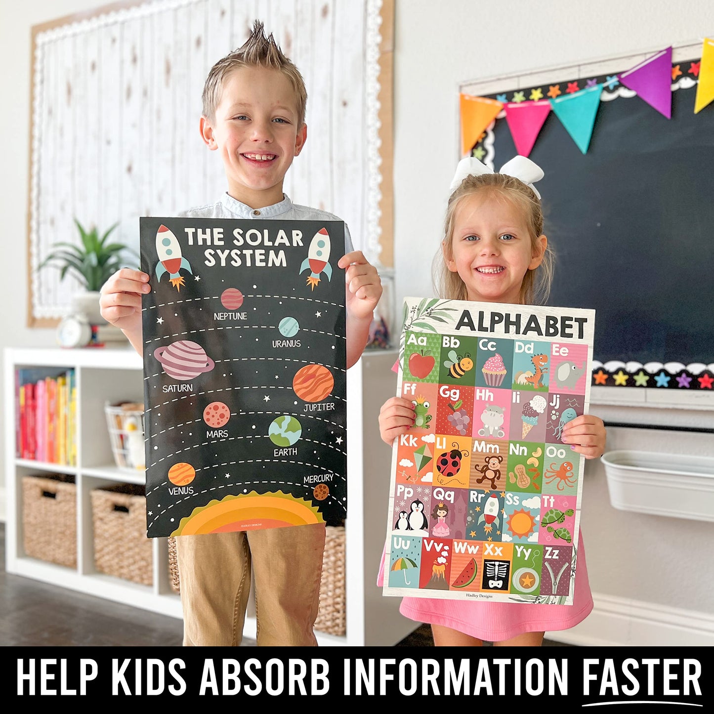 4 Alphabet, Map of United States, World Map, & Solar System Posters - Laminated ABC Charts for Toddlers Wall Decor, Farmhouse Posters for Kindergarten, Prek Classroom or Homeschool 11x17
