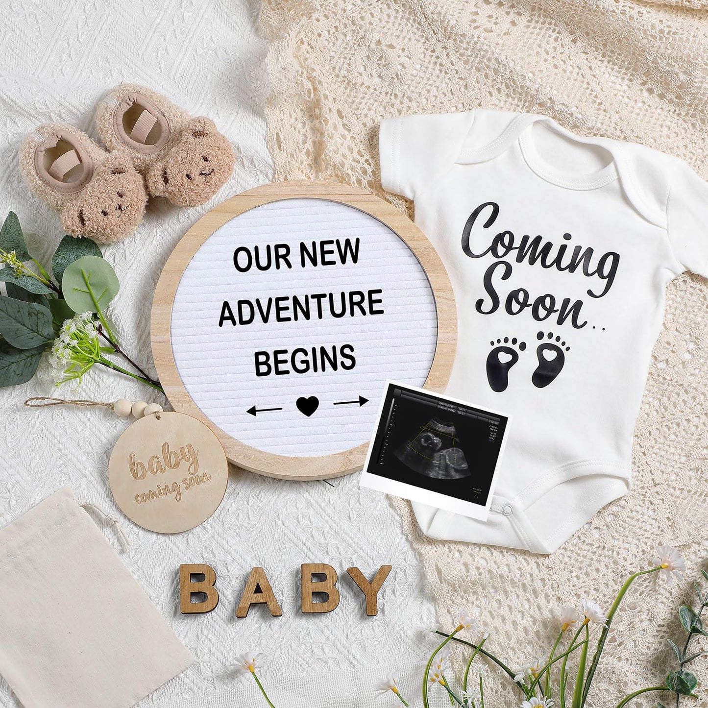 Canlierr 8 Pcs Pregnancy Announcement Set Pregnancy Reveal Ideas Include Felt Letter Round Board Kit Baby Bodysuit Booties Wood Blocks Wooden Signs for Coming Soon Baby Announcement(White)