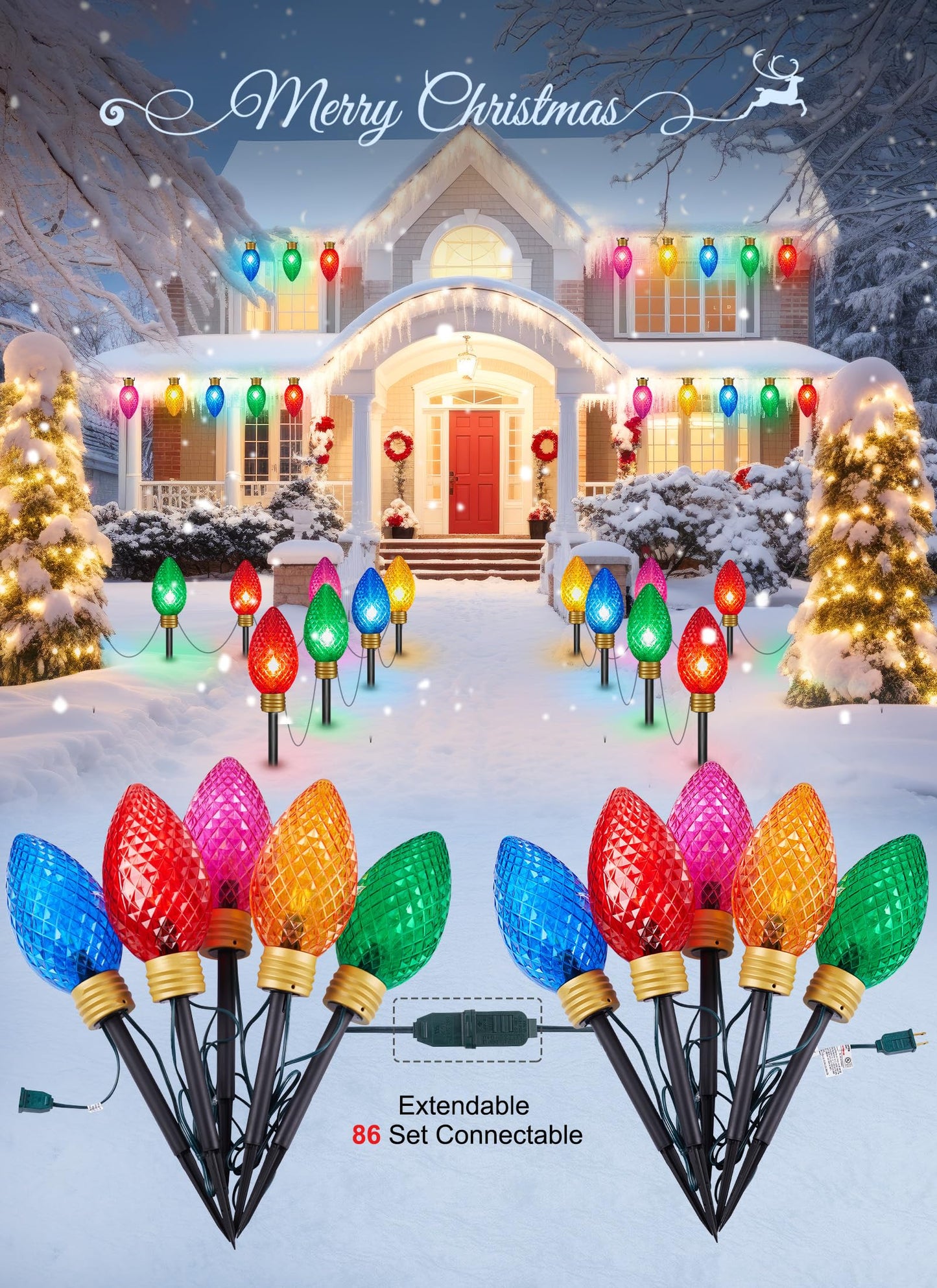 Minetom 2 Pack Jumbo C9 Christmas String Lights, 11 Feet, Waterproof, Strawberry Multicolor, Model GY-C-50.6-U-B1