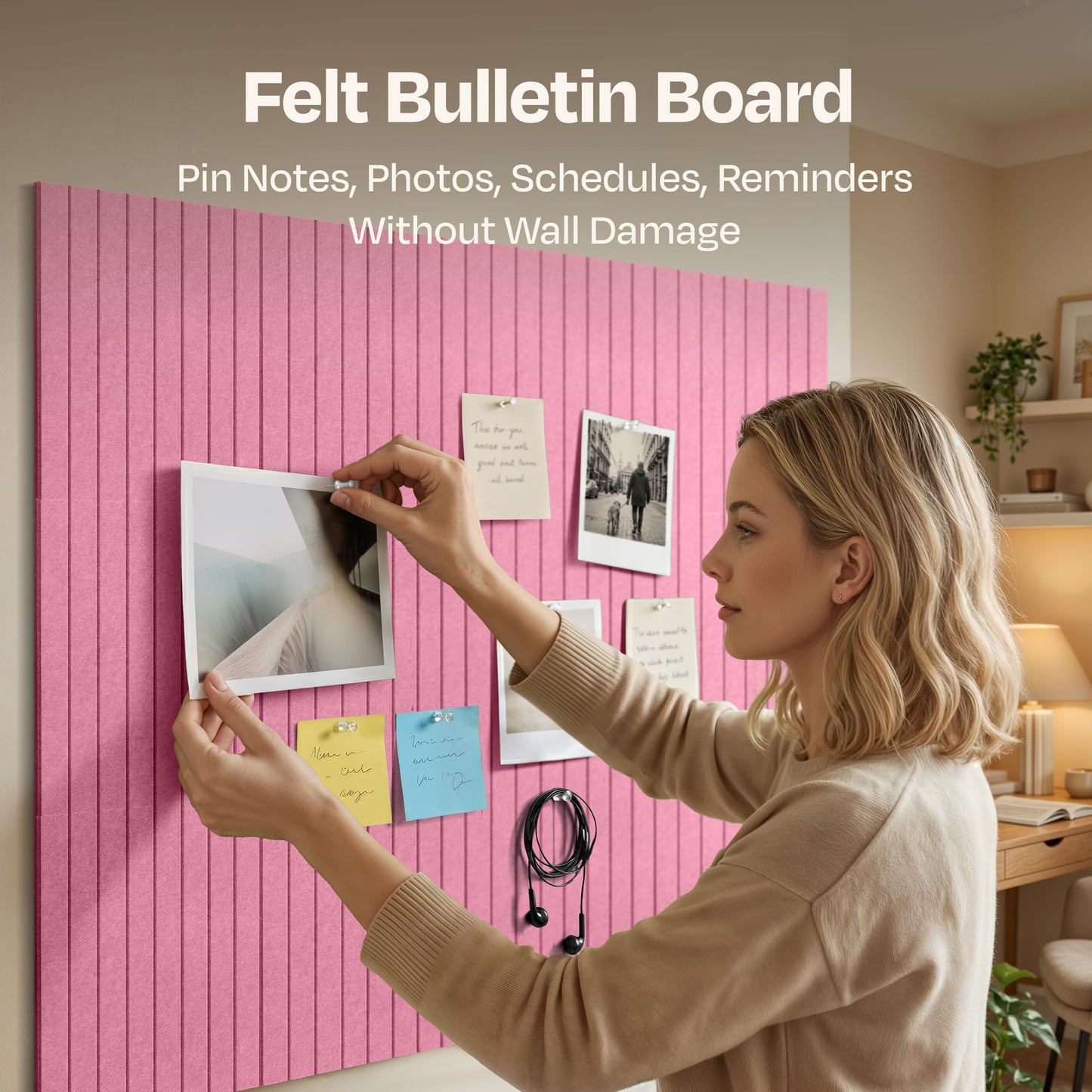 Ekkogo X-Large Cork Board Alternative 12-Pack Felt Bulletin Board Thick and Decorative Pin Board for Home Office Walls 47.24 x 35.43 Inches with 72 Adhesive Tabs - [Chic Pink]