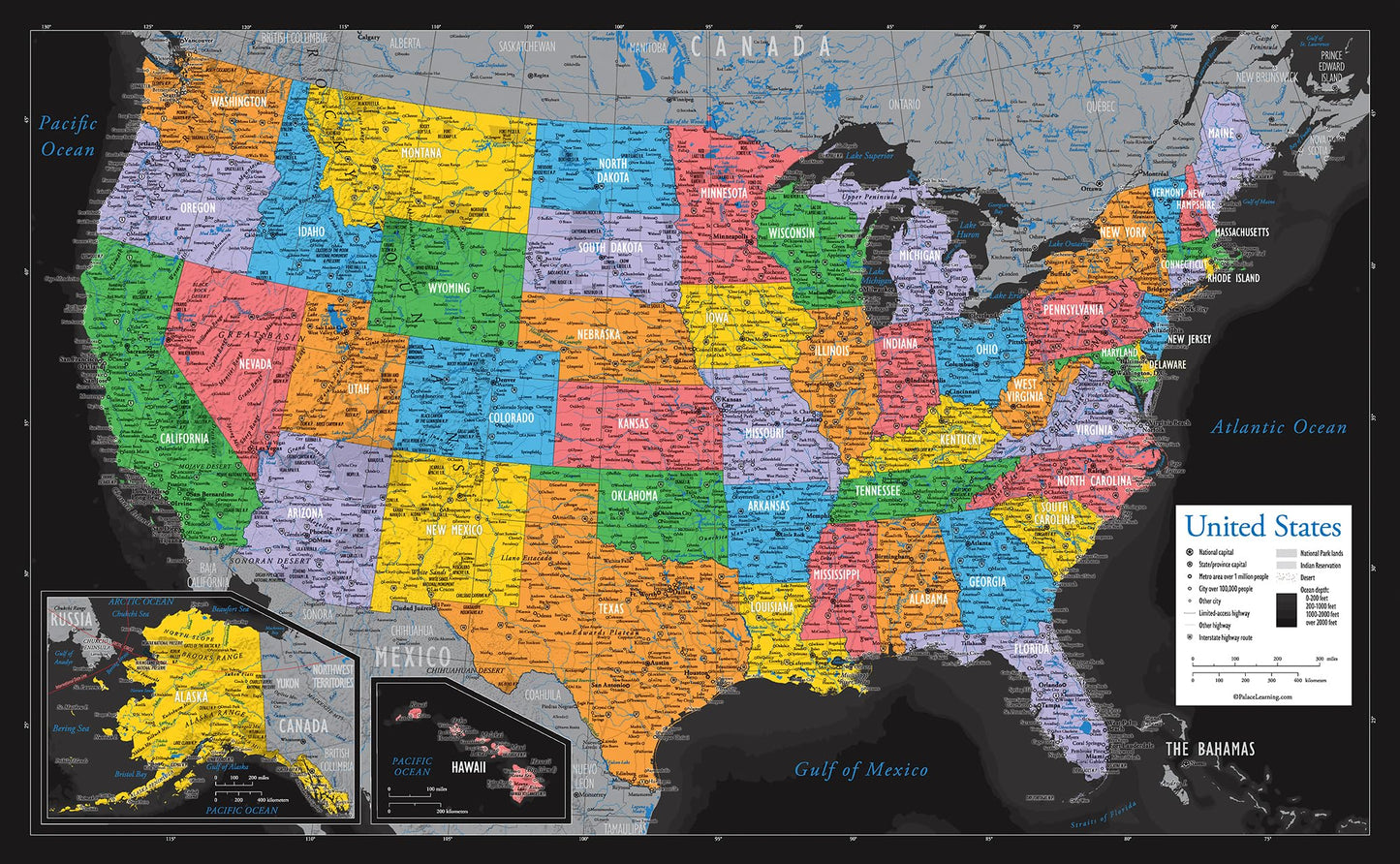 Palace Learning Laminated World Map & US Map Poster Set - 18" x 29" - Wall Chart Maps of the World & United States - Made in the USA (LAMINATED) (Black)