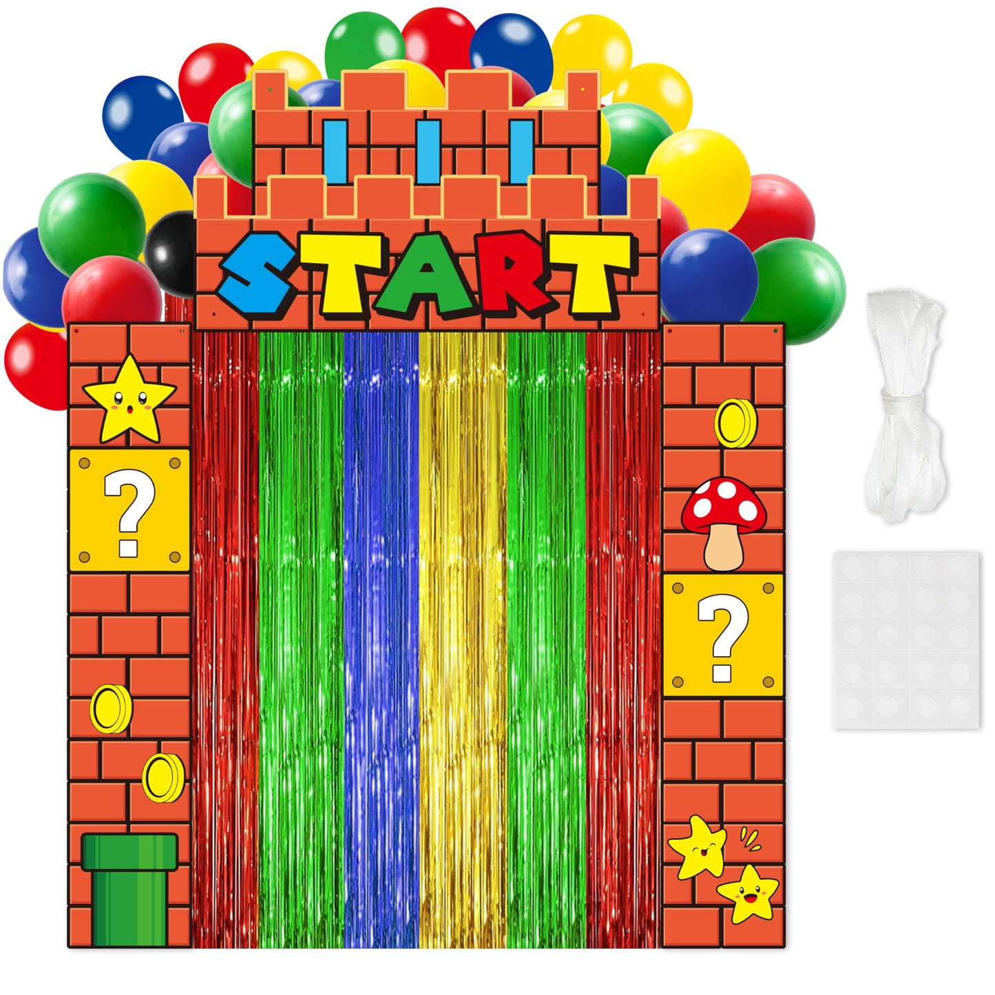 JewGewenil Super Adventure Theme Party Banners - 25Pcs Red Green Blue Yellow Foil Fringe Backdrop Curtains and Balloon Decoration Set, Magic Inspired Design for Classroom Birthday Photo Booth (Start)