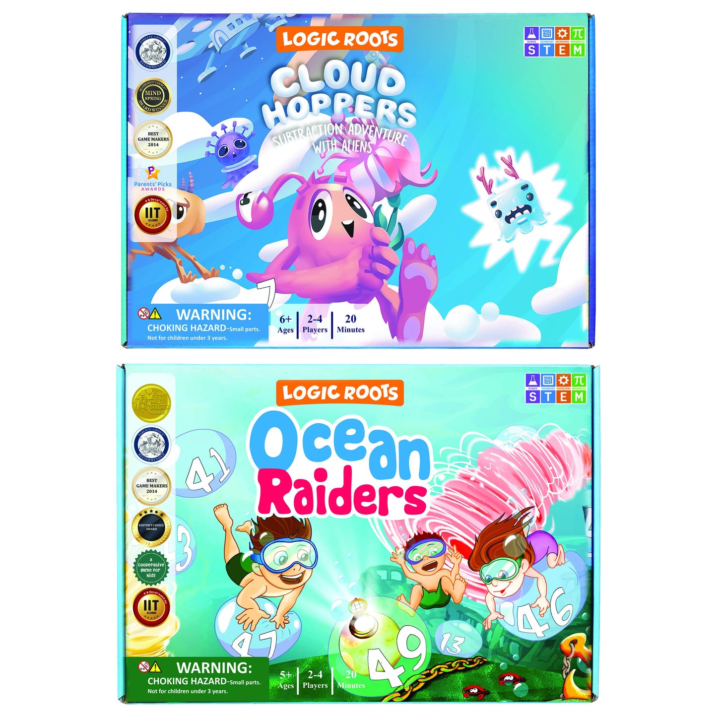 Logic Roots Addition and Subtraction Game - Fun Math Board Game for 6-8 Year Olds, Easy to Play Educational Game for Kids at Home, STEM Toy Gift for Girls & Boys (Ocean Raiders + Cloud Hoppers)