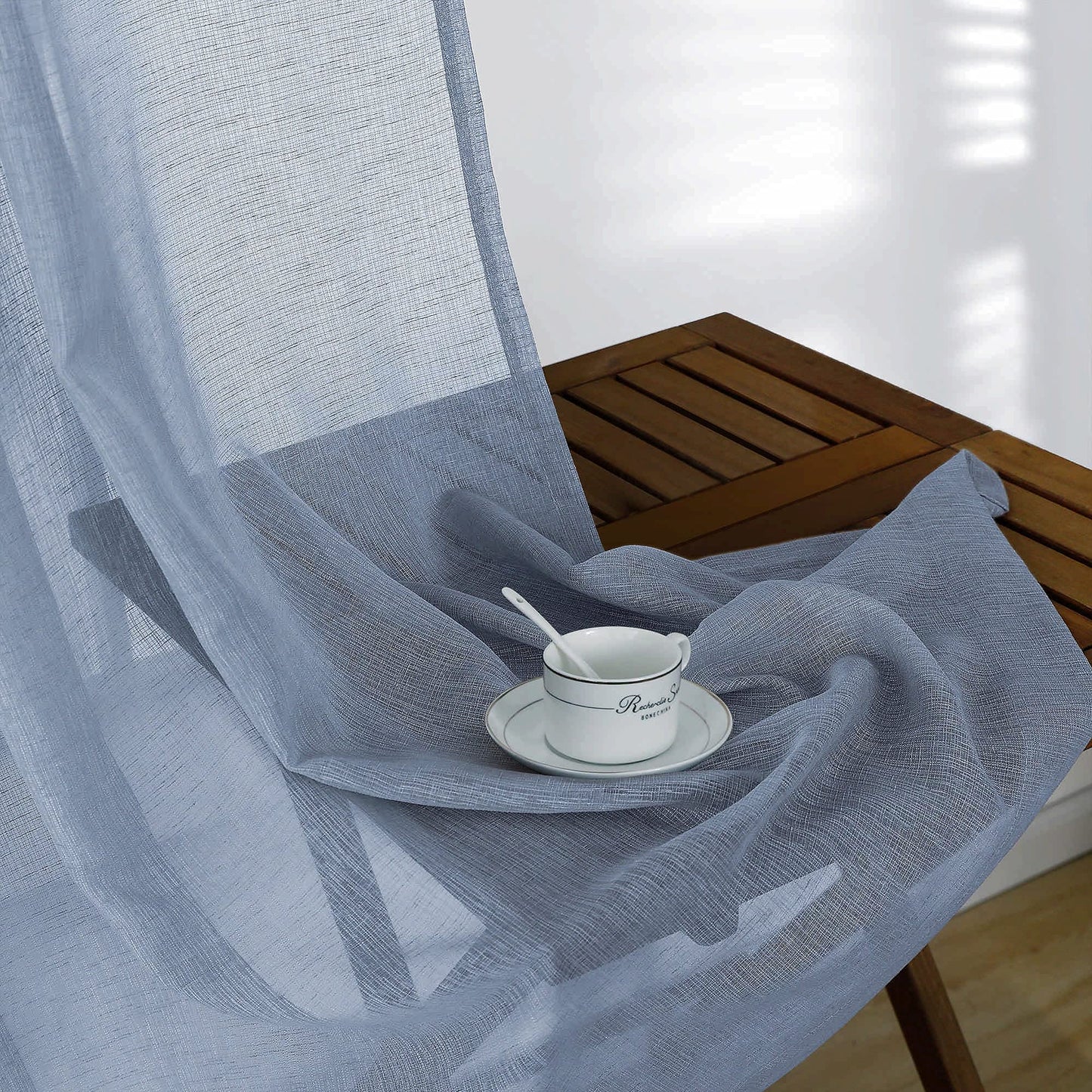 KOUFALL Dusty Blue Sheer Curtains 84 Inches Long,Semi Filtering Stone Light Blue Linen Look Curtains for Living Room Bedroom,Slate Grey Blue
