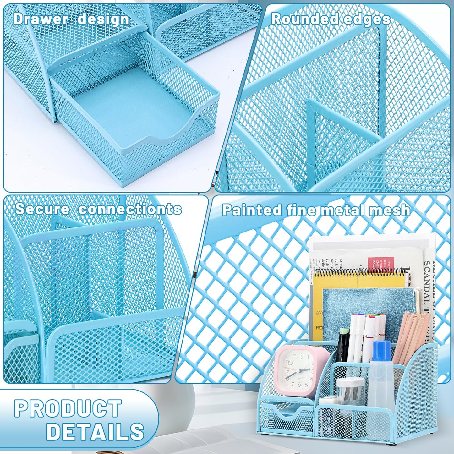 13-in-1 Office Desk Organizer Set with Stapler and Tape Dispenser, Pen Holder, Scissors, Ruler, Hole Punch, 2 Pens & More Desktop Accessories for Back to School Supplies (Blue)