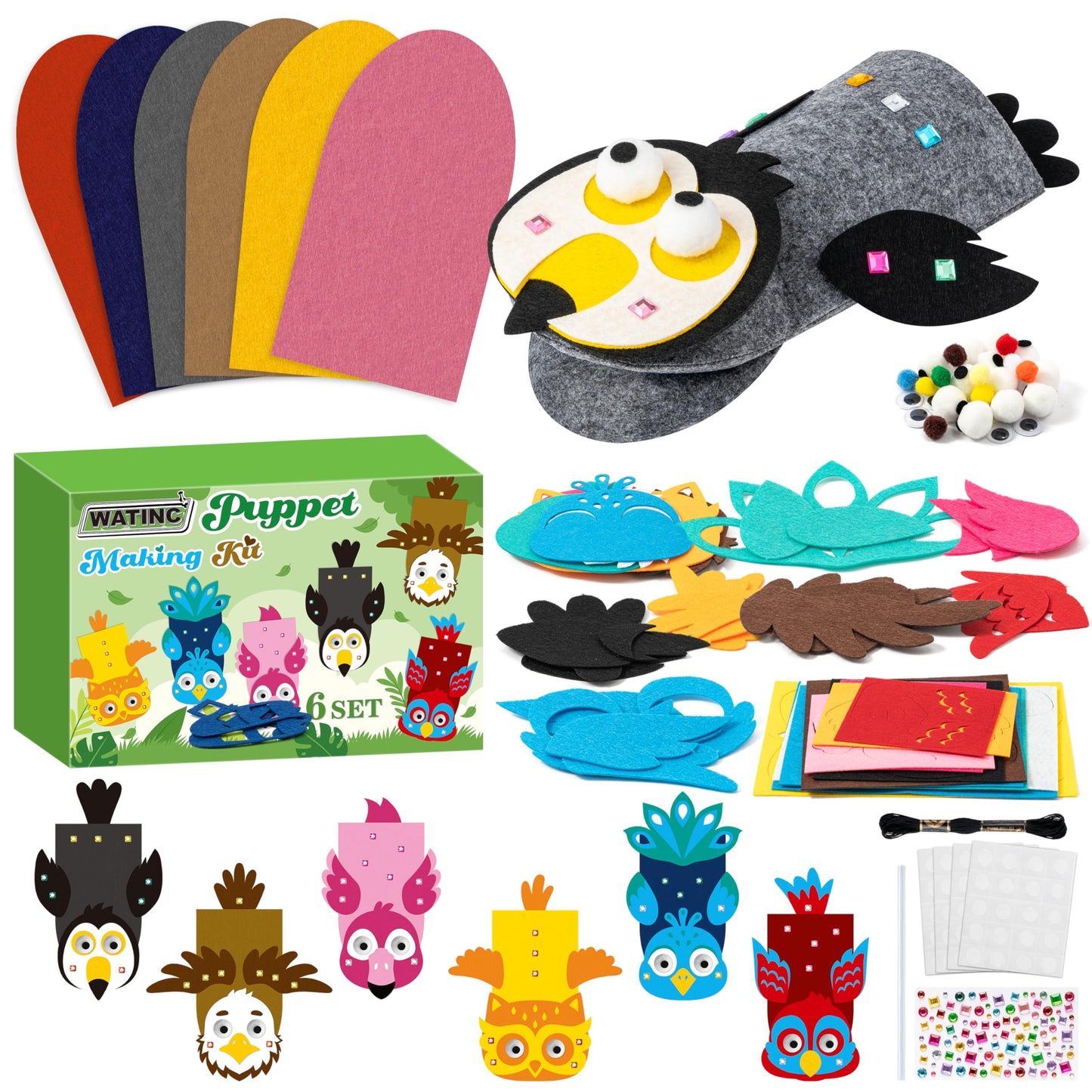 WATINC 6Pcs Hand Puppet Making Kit, Art Craft Felt Sock Puppet Toys, Creative DIY Make Your Own Pompoms Wiggle Googly Eyes Storytelling Role Play Party Supplies Gift for Girls Boys (Bird A)