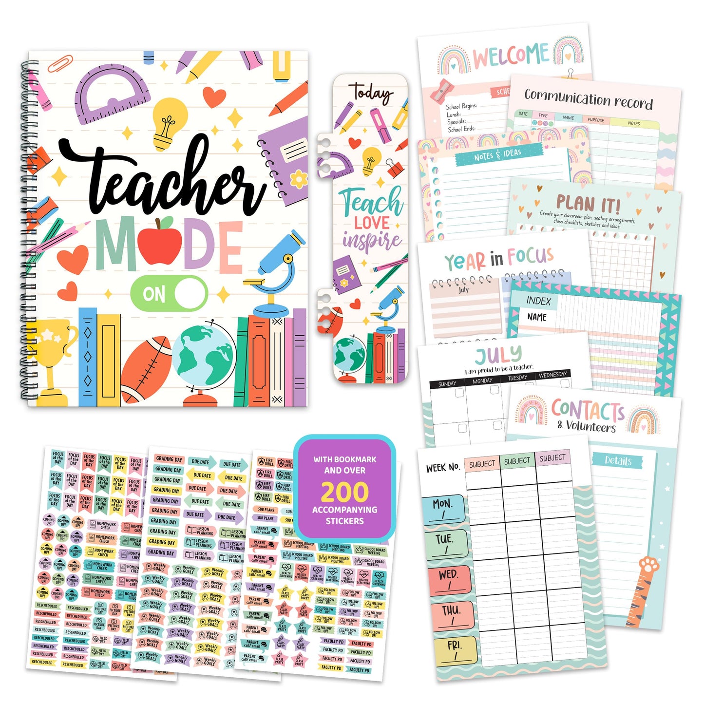 Decorably 12 Months Weekly and Monthly Undated Teacher Planner, 8.5x11inch Spring-Bound with Contacts, Schedule Page, Bookmark & Stickers for Plan Logs, & Classroom Planning, Academic Year Notebook