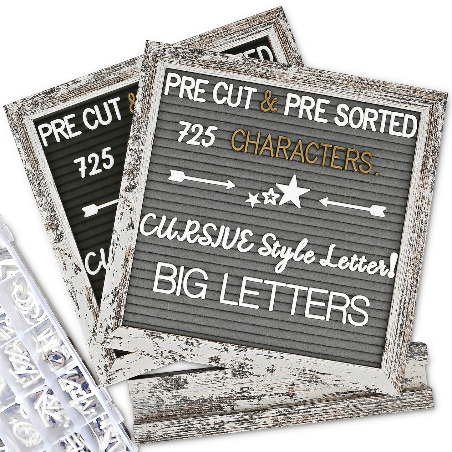 Double Sided Felt Letter Board with Rustic Wood Frame 10x10 Inch - Pre Cut & Sorted 725 Letters with Stand, Cursive Style Letters, Big Letters, Letter Organizer, Tabletop Display