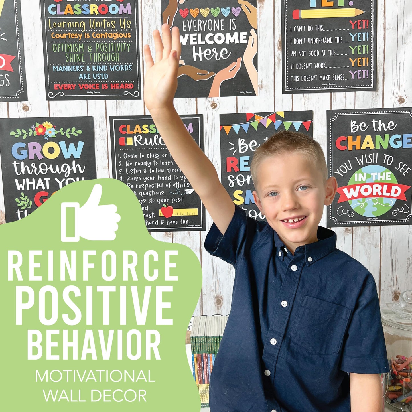 Hadley Designs Motivational Poster for Classroom Decor - 9 Growth Mindset Classroom Posters Elementary, Inspirational Wall Decor Middle School, Teacher Must Have, Chalkboard Bulletin Board Decorations