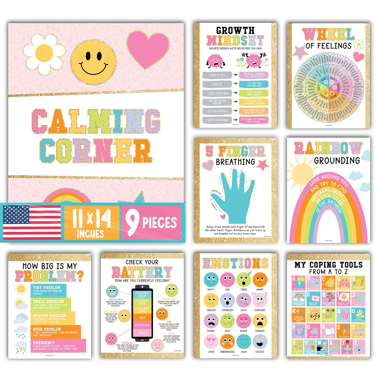 Hadley Designs 9 Calming Corner Posters for Classroom Must Haves - Calm Down Corner Supplies with Emotions Chart, School Counselor Mental Health Poster, Feelings Chart For Kids, Gold Classroom Decor
