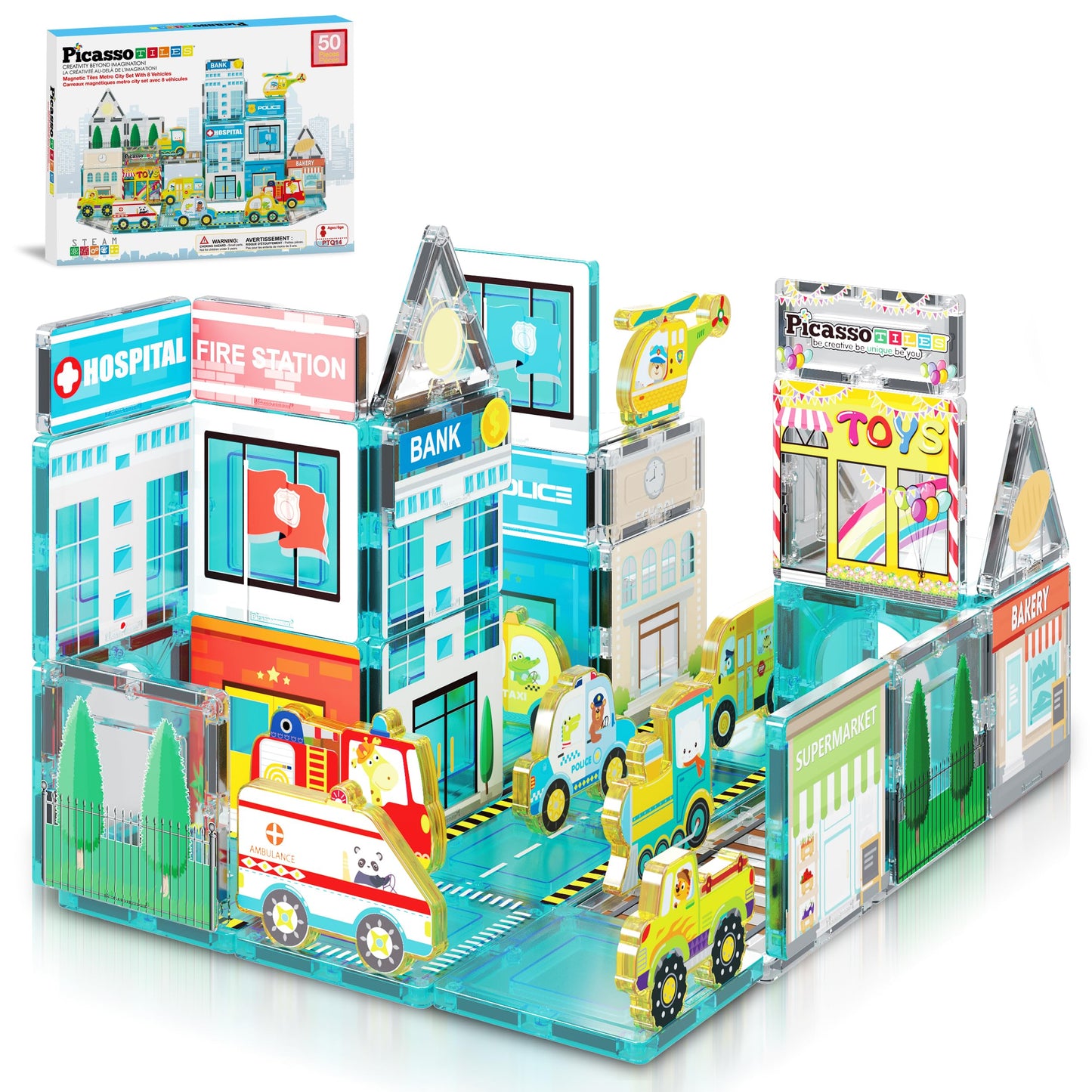 PicassoTiles Metro City Hospital Magnetic Tile Building Set with 8 Vehicles and Figures Educational Magnet Blocks Construction for Kids Age 3 Plus STEM Role Play Town Imagination Learning Toy PTQ14