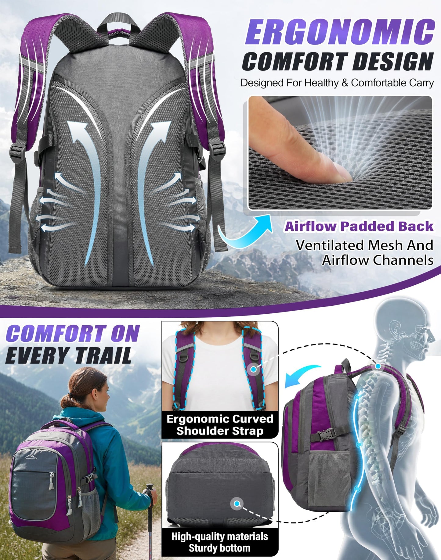 ProEtrade Backpack Bookbag for College Sturdy Travel Business Hiking Fit Laptop Up to 15.6 Inch Multi Compartment Gifts for Men Women Night Light Reflective (Purple A)