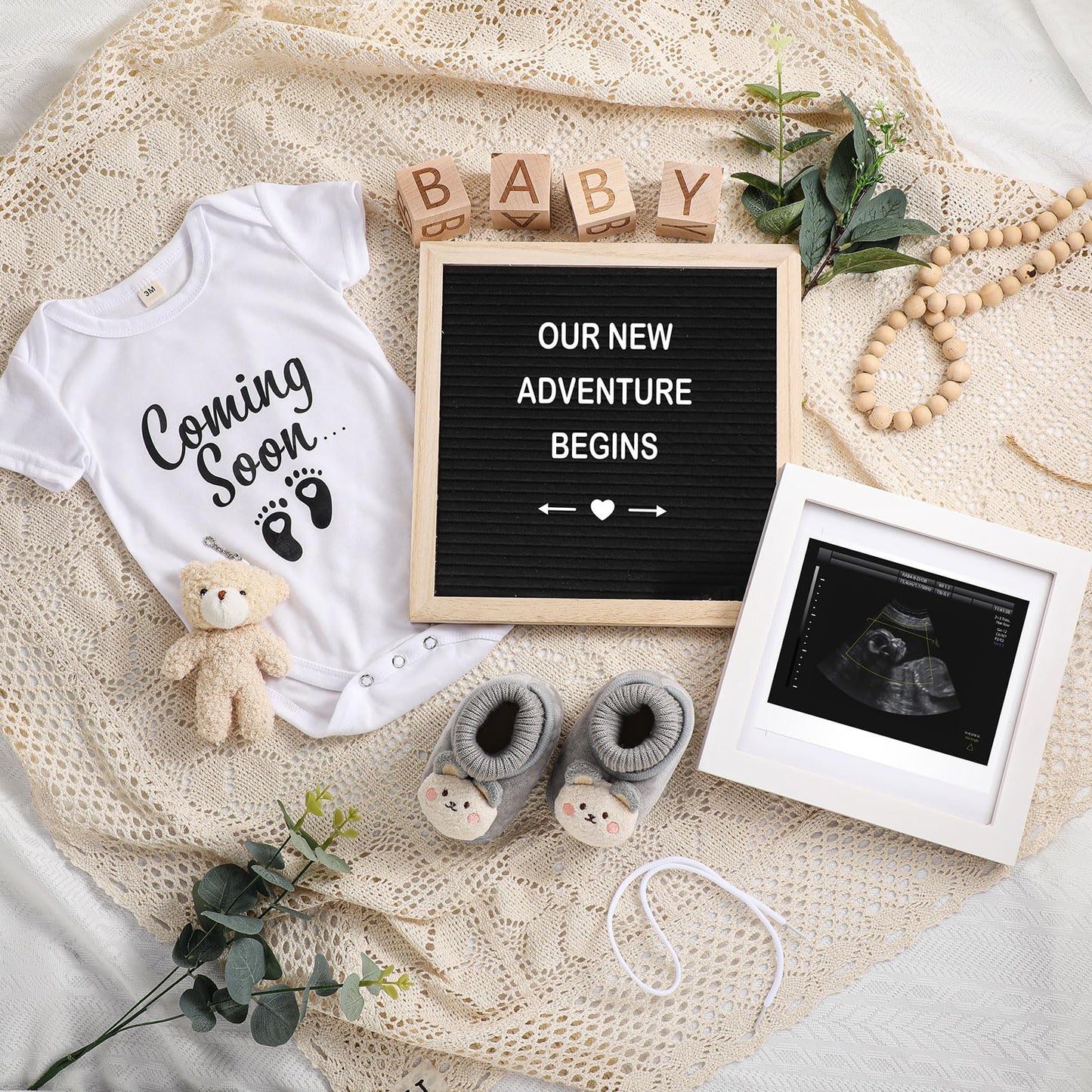 Canlierr 9 Pcs Pregnancy Announcement Set Pregnancy Reveal Ideas Felt Letter Board Baby Bodysuit Booties Photo Frame Bear Plush Wood Blocks for Coming Soon Baby Announcement(White)