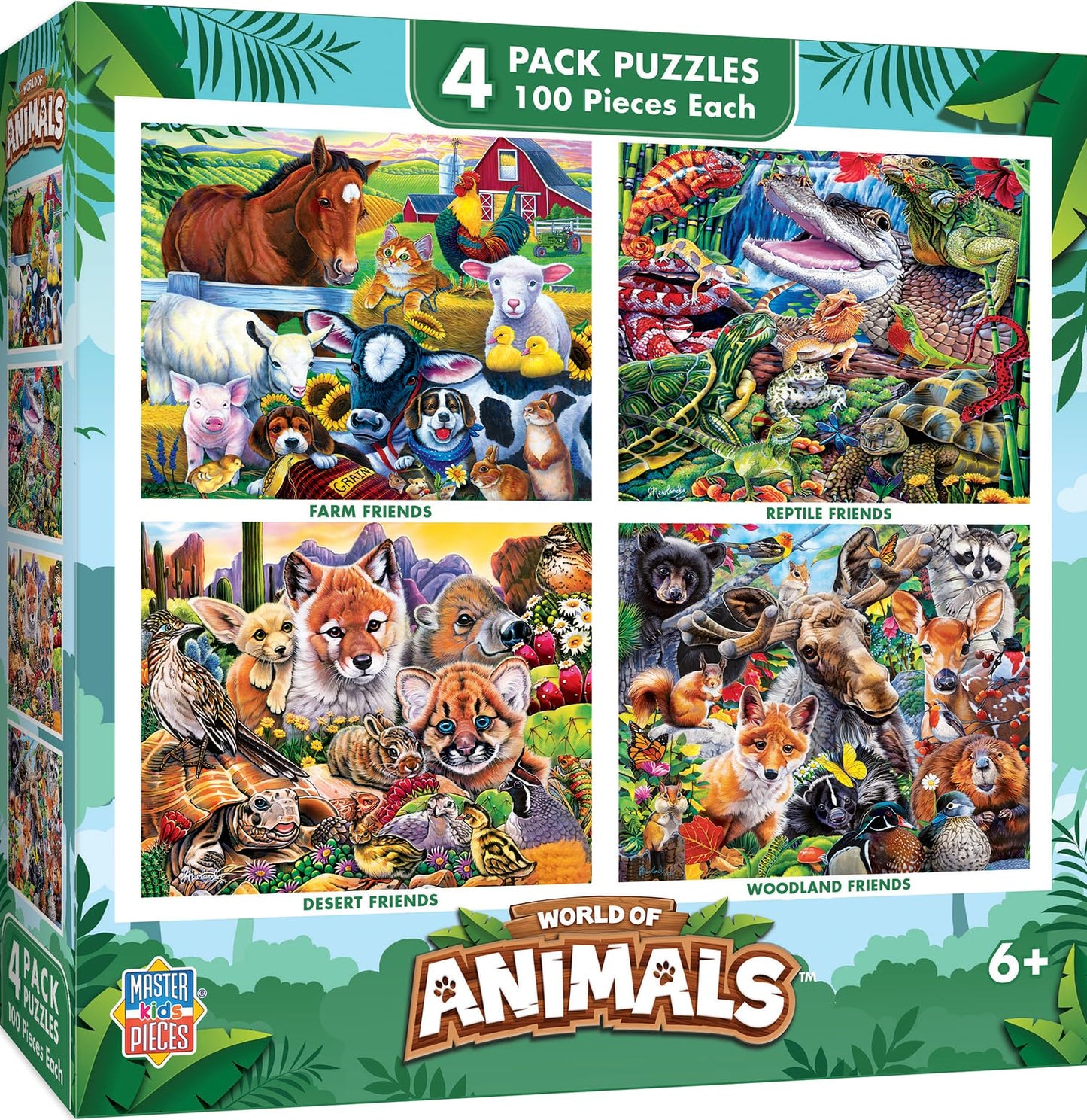 MasterPieces – Jigsaw Puzzle Set for Kids 6+ Years, 4-Pack of 100 Pieces, Educational and Fun Game, World of Animals Collection V2, Gift Idea for Children, 8" x 10"