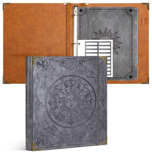 Ospelelf 3 Ring Binder 1 Inch Leather Vintage Hardcover Binder Dividers with Tabs for Letter Size 8.5"x11" Paper, Binder with Pockets for Photo Album, Document Organizer and Family History, Gray Sun
