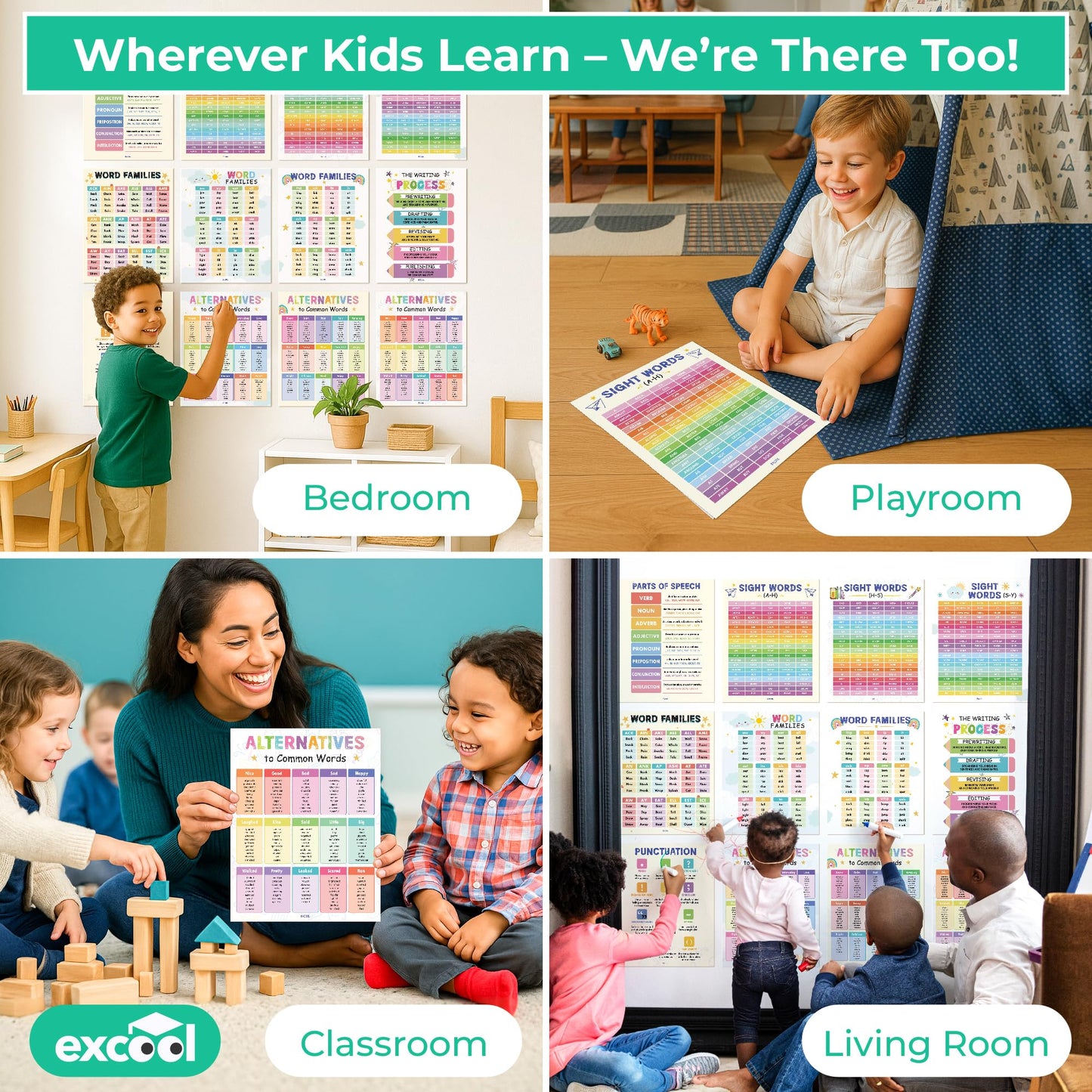 EXCOOL CLUB 12 Preschool Sight Words Poster - 11x14 Word Families Chart Educational Posters For Kindergarten Classroom Must Haves, Laminated Learning Posters For Toddlers, Homeschool, Playroom Decor