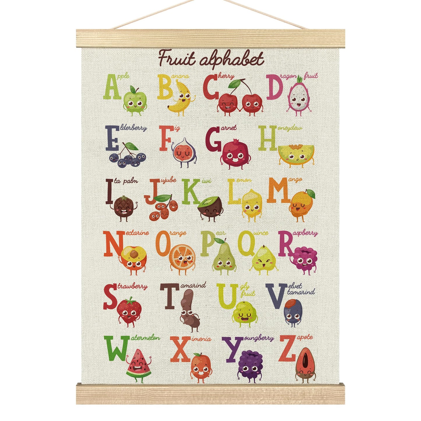 BCUANGD ABC Kids Wall Art - Fruit Alphabet Educational Wall Decor Poster Hanger with Wood Frames, Cute Classroom Wall Hanging Canvas Decor for Playroom Nursery Toddler Kids Room, 12x16 Inches