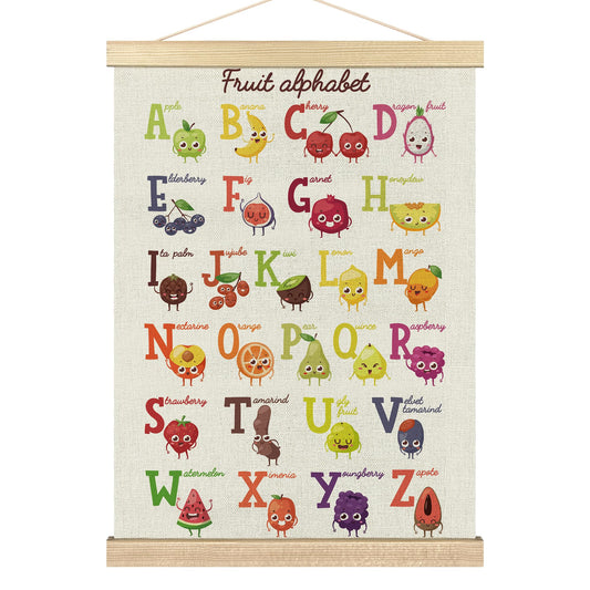 BCUANGD ABC Kids Wall Art - Fruit Alphabet Educational Wall Decor Poster Hanger with Wood Frames, Cute Classroom Wall Hanging Canvas Decor for Playroom Nursery Toddler Kids Room, 12x16 Inches