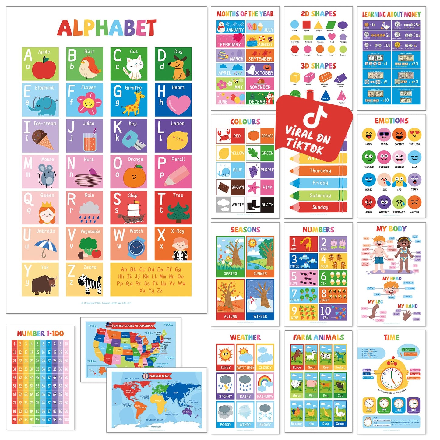 UNCLE WU 16 Pack Laminated Educational Posters for Toddlers, 17 x 11 Preschool Classroom Posters with ABC Alphabet, Numbers 1-100, Shapes, Colors, USA & World Maps, Homeschool Supplies