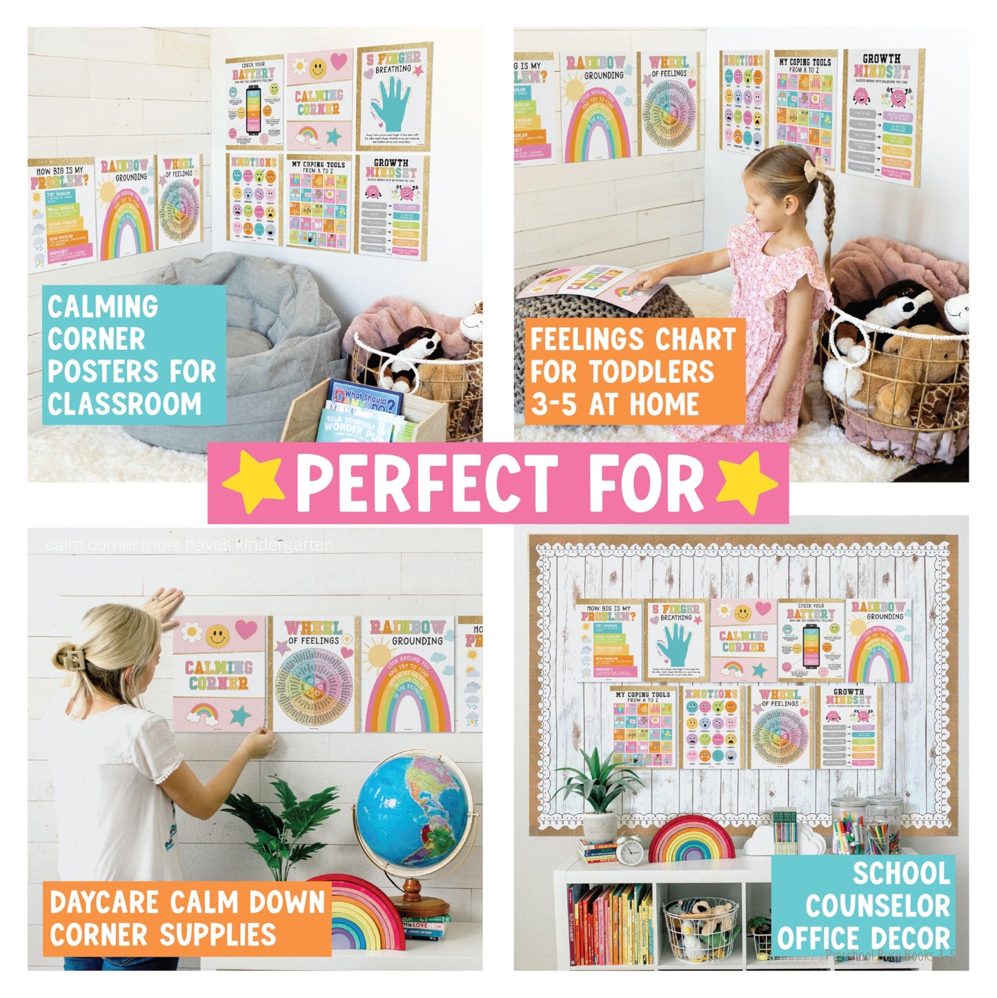 Hadley Designs 9 Calming Corner Posters for Classroom Must Haves - Calm Down Corner Supplies with Emotions Chart, School Counselor Mental Health Poster, Feelings Chart For Kids, Gold Classroom Decor