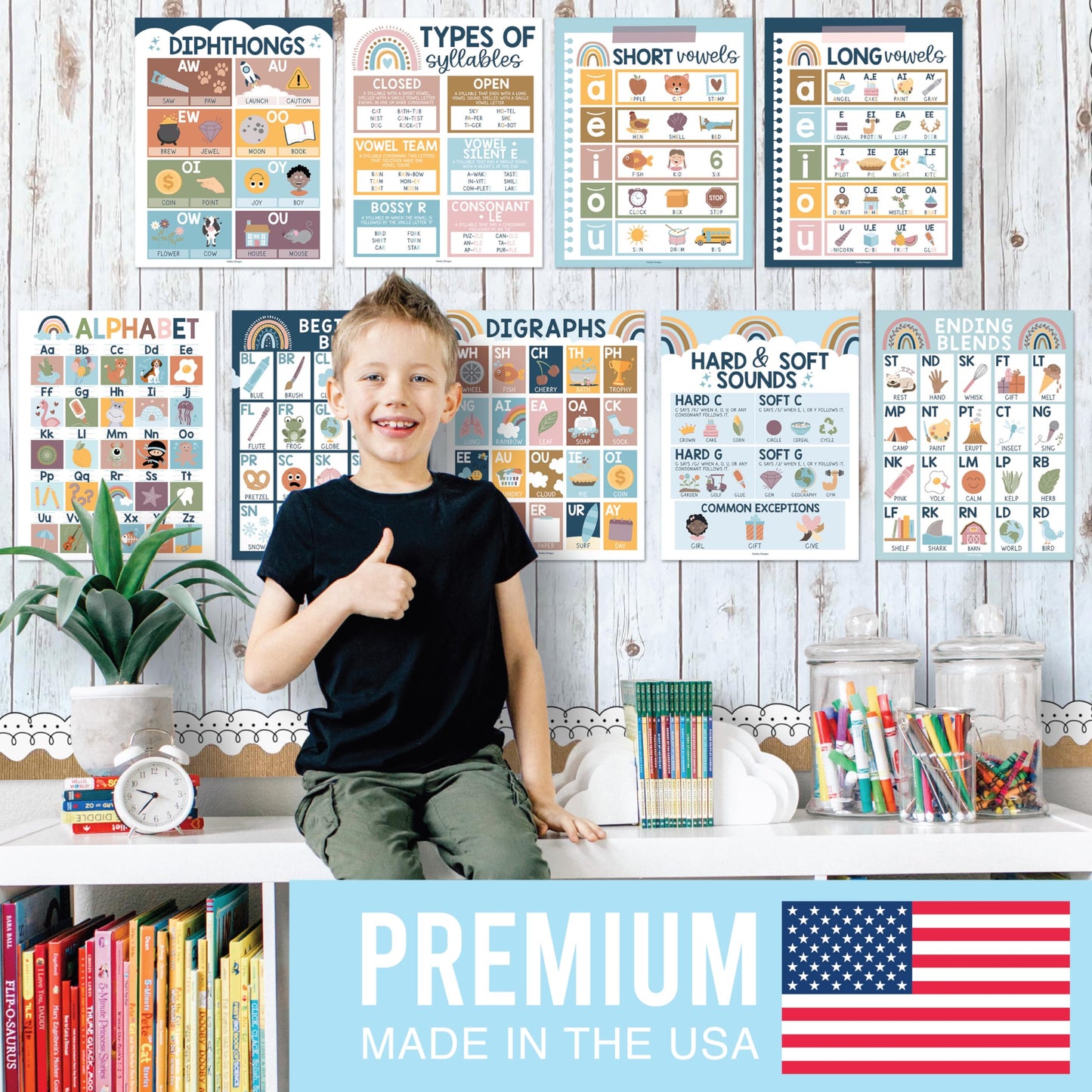 Hadley Designs Phonics Posters for Classroom Must Haves - 9 Sound Wall for Kindergarten & Elementary Teacher Supplies, Syllable, Vowels, Digraphs & Blends Bulletin Board Set, Boho Classrom Decor