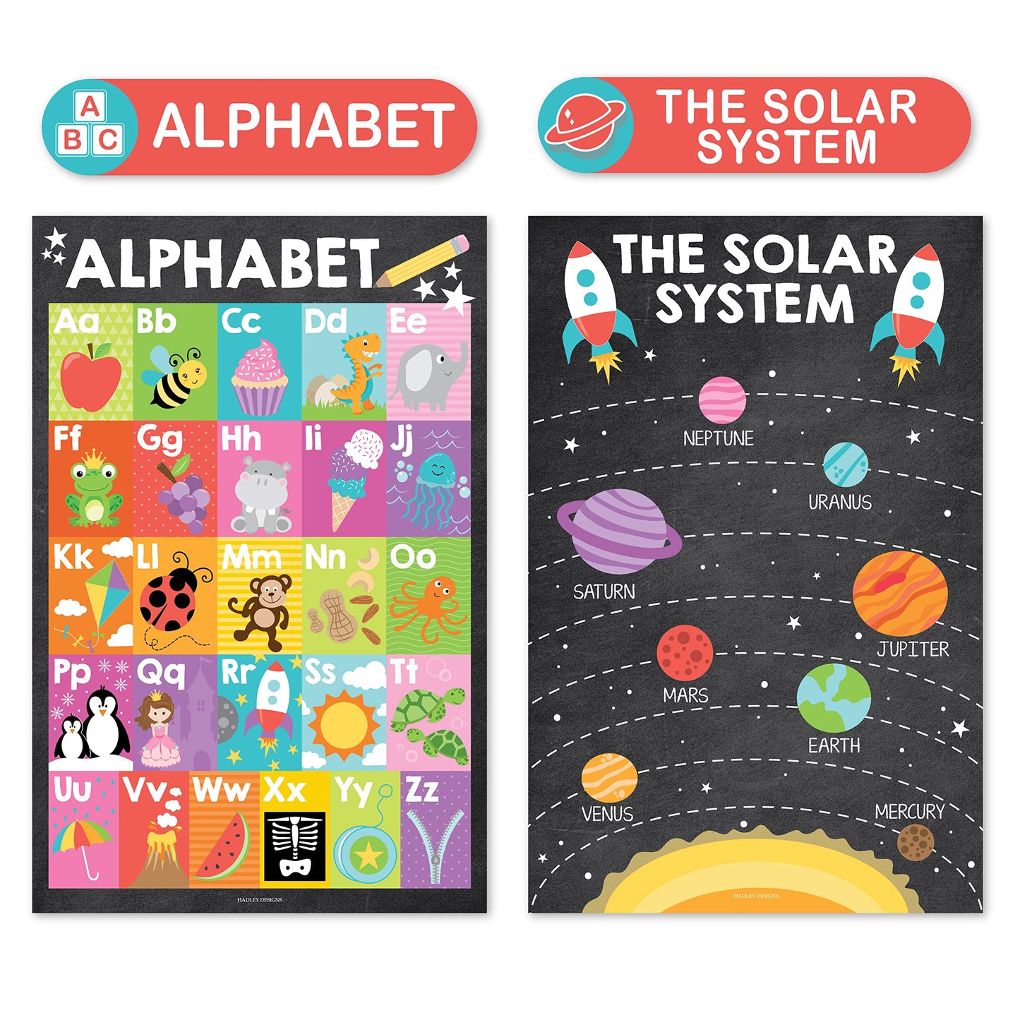 Hadley Designs 4 Alphabet, Map of United States, World Map, & Solar System Posters - Laminated ABC Charts for Toddlers Wall Decor, Chalk Posters for Kindergarten, Prek Classroom or Homeschool 11x17