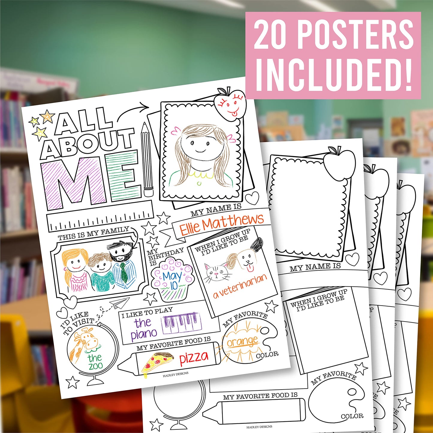 Hadley Designs All About Me Posters for Classroom Must Haves - 20 Star Student Poster, 100 Days of School Items, Star of The Week Poster Elementary Classroom Decor, End of School Year Teacher Supplies