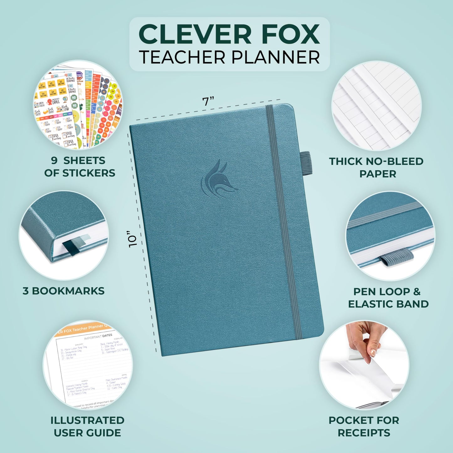 Clever Fox Teacher Planner – School Year Planner with Calendars & Lesson Plans – Teacher Plan Book for Classroom & Homeschool Organization - Undated, 7x10″, Hardcover (Aquamarine)