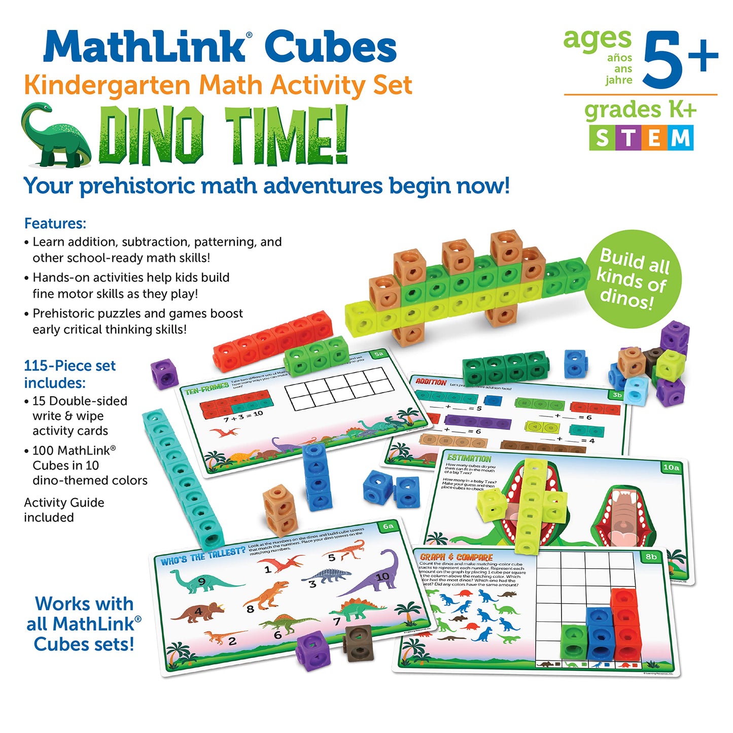 Learning Resources MathLink Cubes Kindergarten Math Activity Set: Dino Time! - Math Manipulatives for Elementary School, Kindergarten Toys, Counting Blocks for Classroom Centers and Homeschool