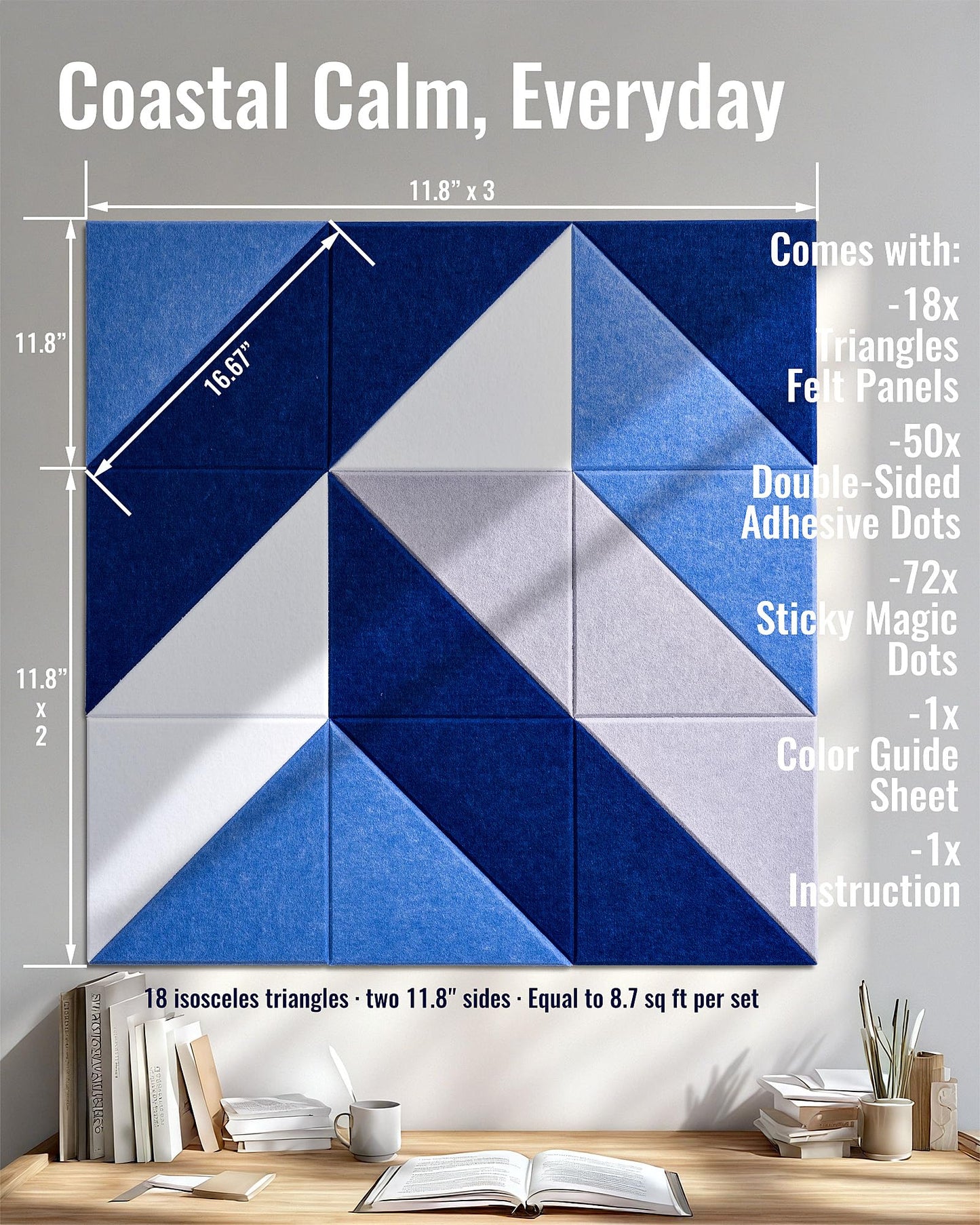 PebblingQ Felt Wall Tiles Bulletin Board, Marine Blue White Panels, Modular Decorative Boards for Home Office, Kids Room, Nursery, DIY Geometric Art Display, 18 Pack 11.8" Triangle Tiles (Marine)