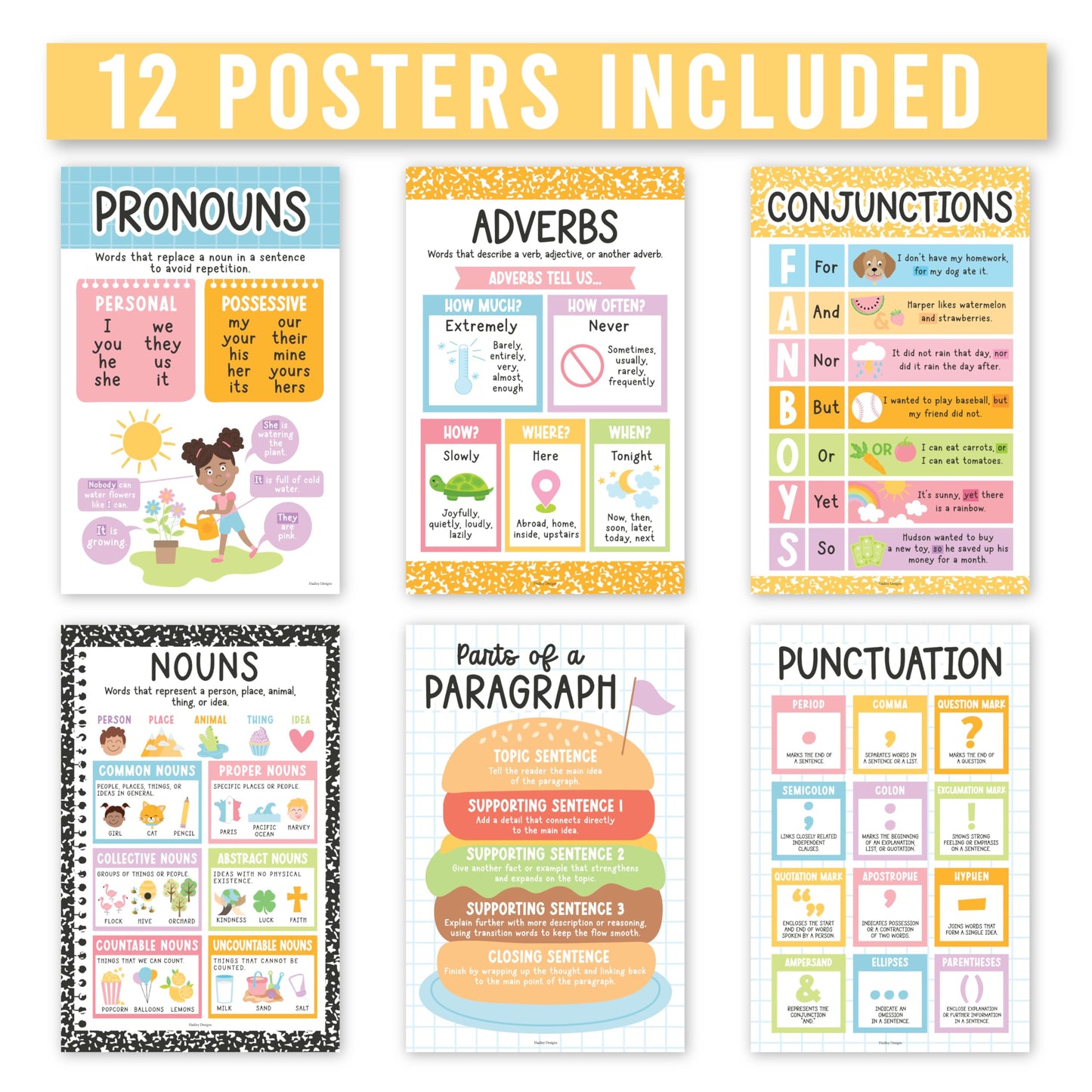 Parts of Speech Posters for Classroom Must Haves - 12 English Grammar Posters, Writing Process Language Arts for Homeschool, Elementary & Middle School, ELA 3rd 4th & 5th Grade Pastel Classroom Decor