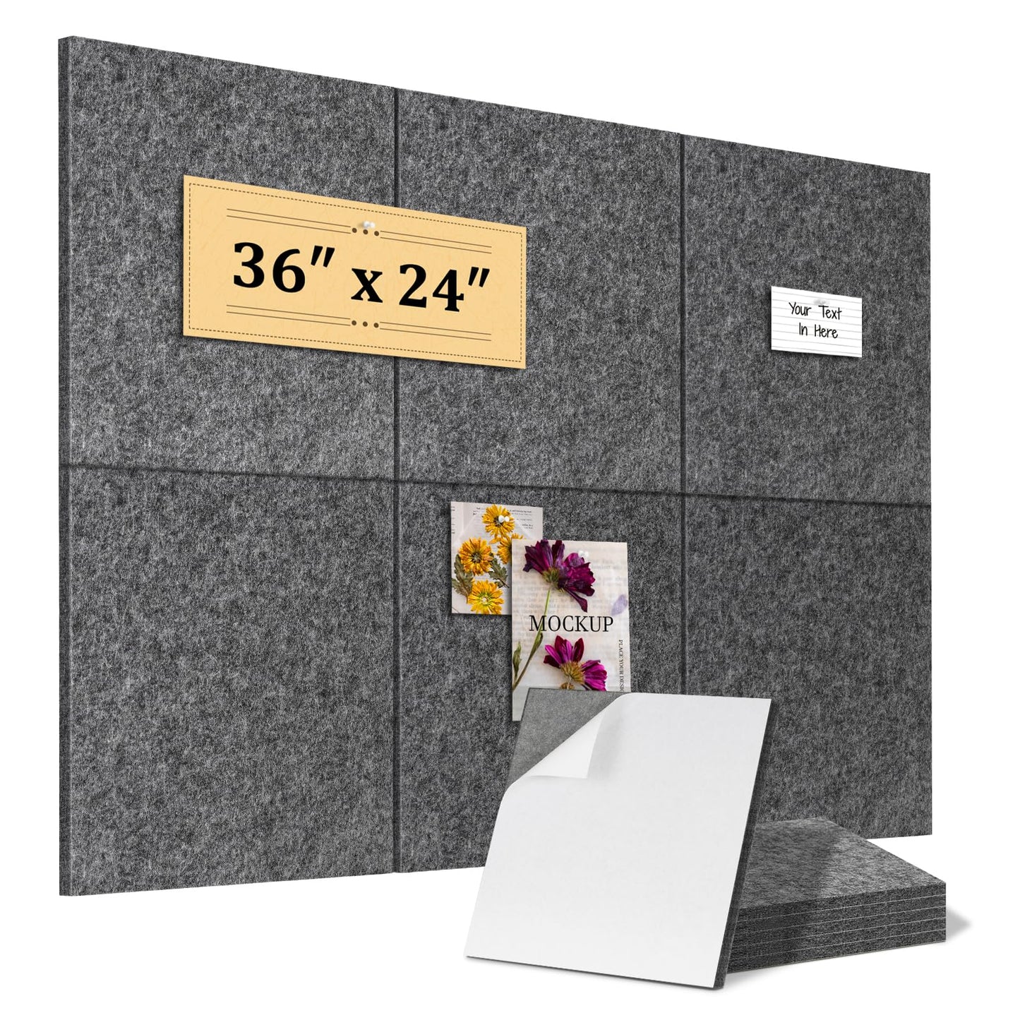 QUEENLINK Large Cork Board 36"x24", 6-Pack Self-Adhesive Felt Bulletin Board Tiles with 60 Push Pins, Square Felt Wall Panels Pin Board Tack Board Wall Organizer for Home Office Decor, Grey