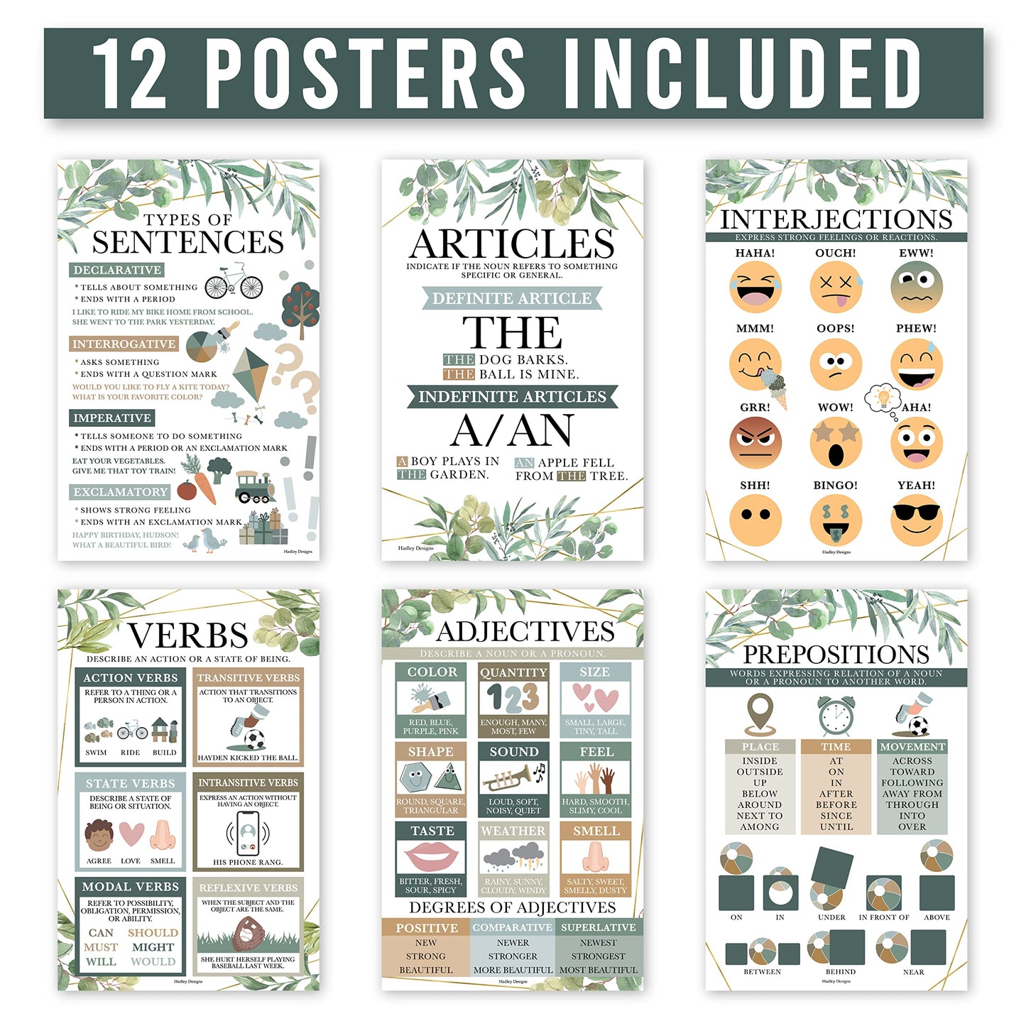 Parts of Speech Posters for Classroom Must Haves - 12 Grammar Posters, Writing Process for Homeschool, Elementary & Middle School, ELA 3rd 4th & 5th Grade Teacher Must Haves, Greenery Classroom Decor