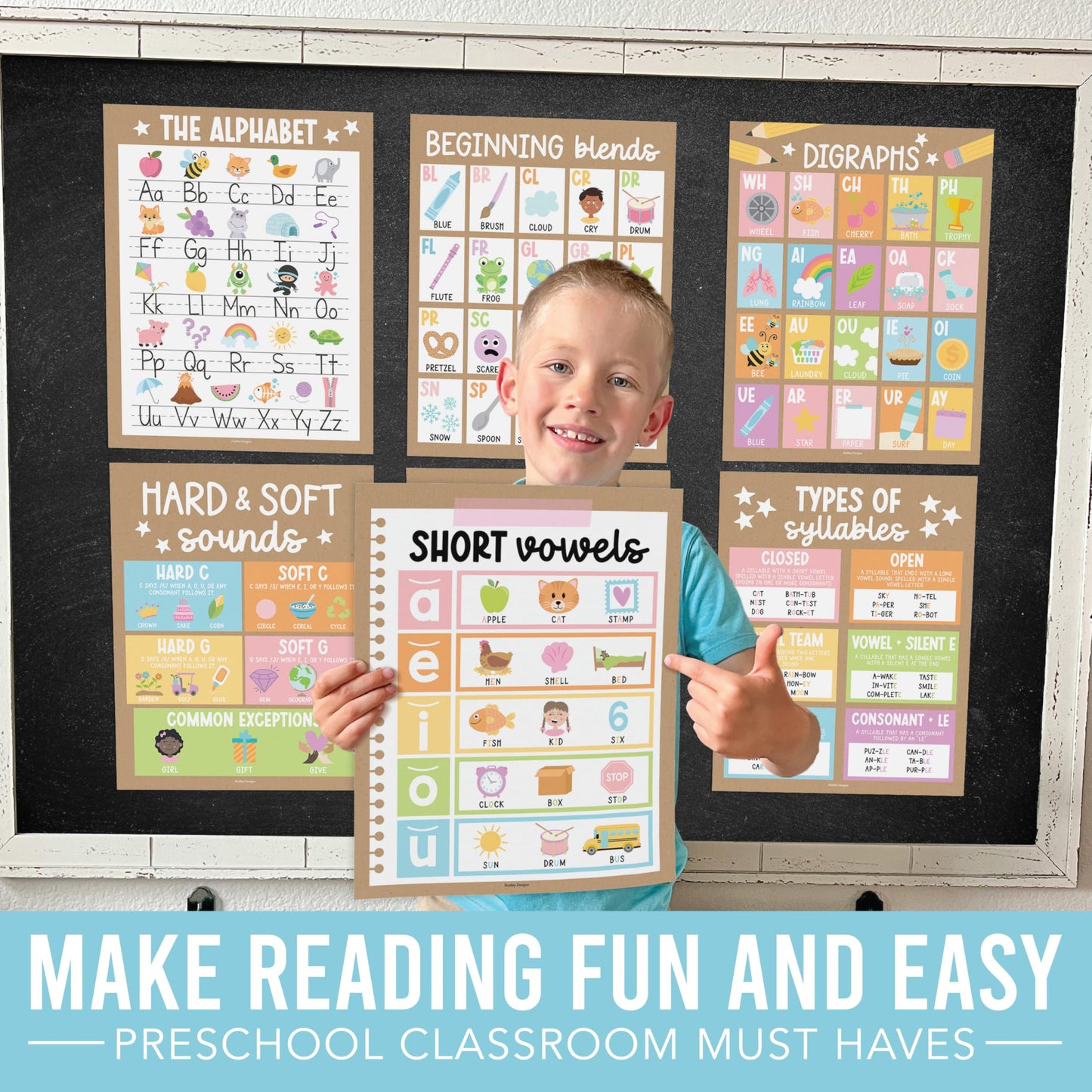Hadley Designs Phonics Posters for Classroom Must Haves - 9 Sound Wall for Kindergarten & Elementary Teacher Supplies, Syllable, Vowels, Digraphs & Blends Bulletin Board Set, Kraft Classrom Decor