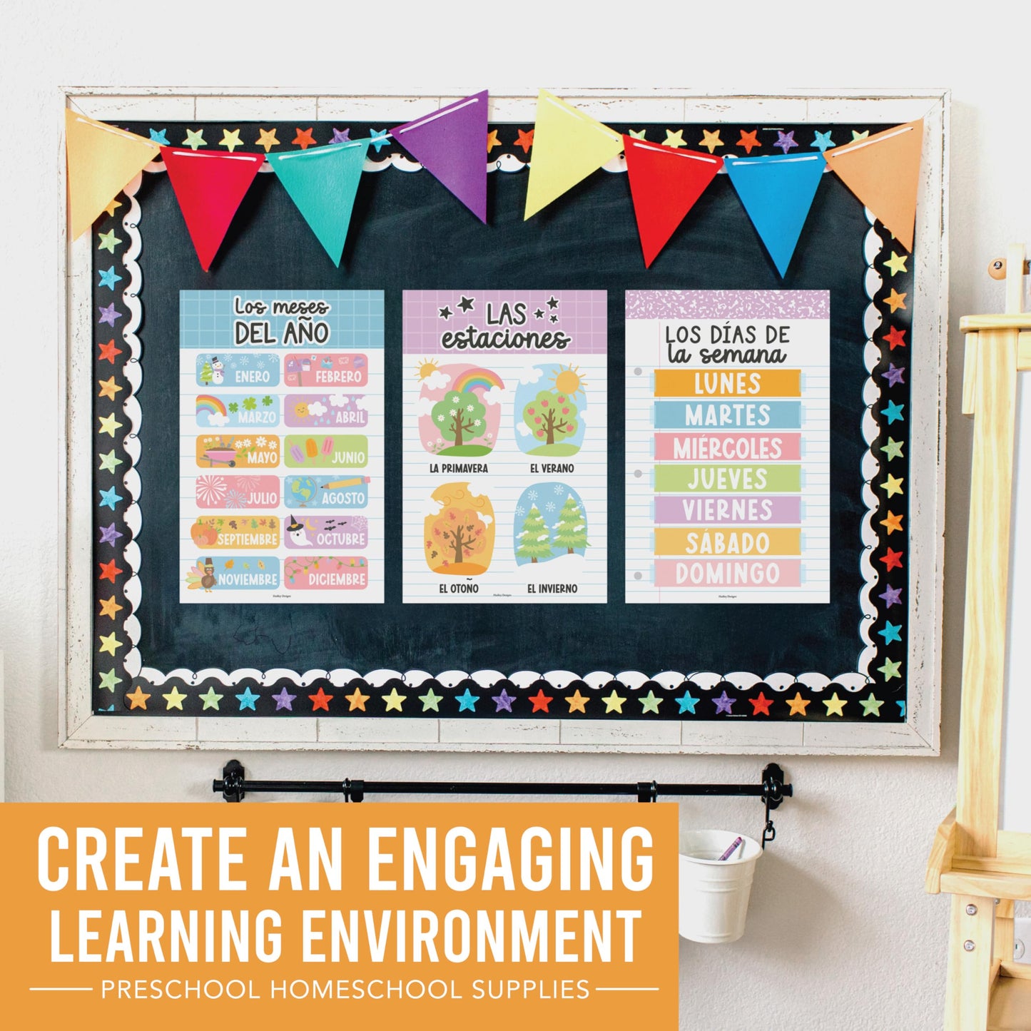 Hadley Designs Spanish Posters for Classroom - 12 Bilingual Educational Posters for Spanish Classroom Decorations Must Haves, Calendario y Alfabeto en Español Para la Pared, Pastel Teacher Supplies