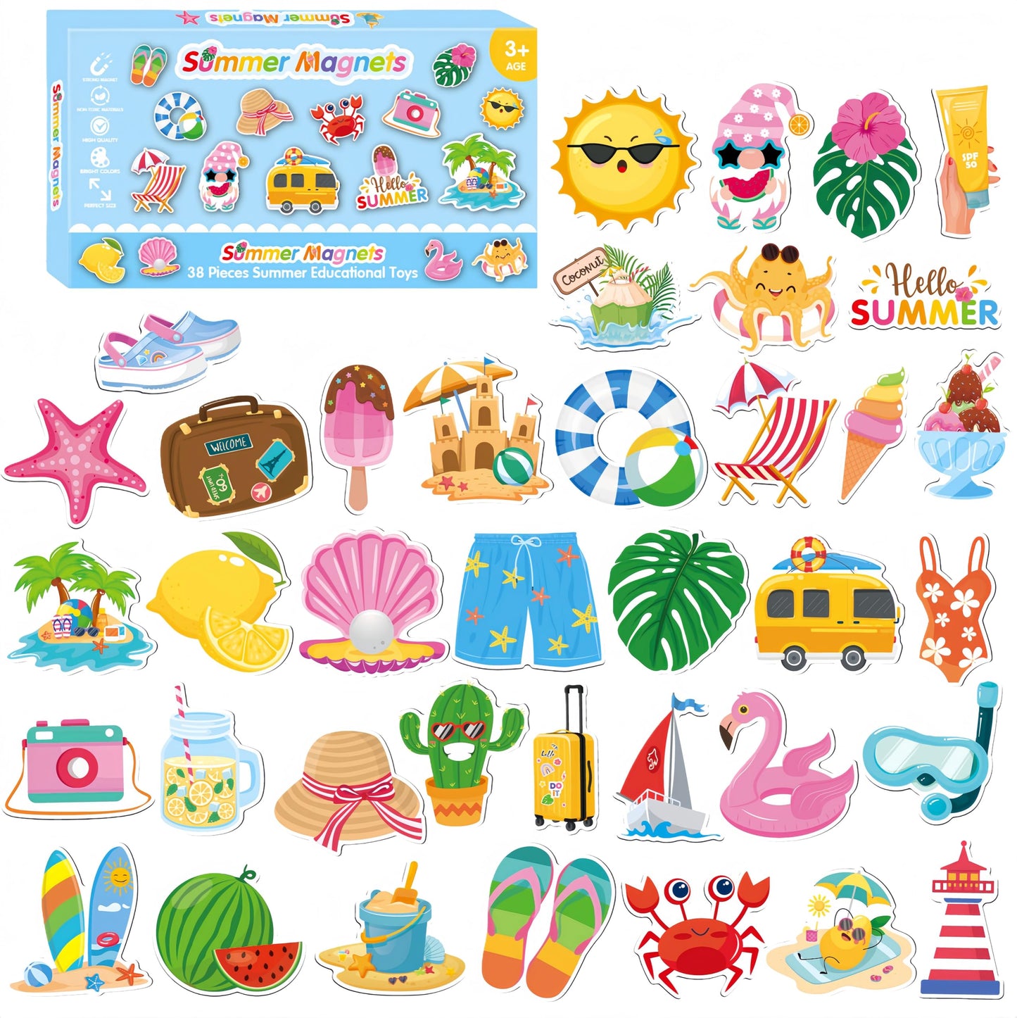 Fecheche Large Size Cute Fridge Magnets for Toddlers, Preschool Spelling Learning Education Refrigerador Magnetic Toy (Summer 38pcs)
